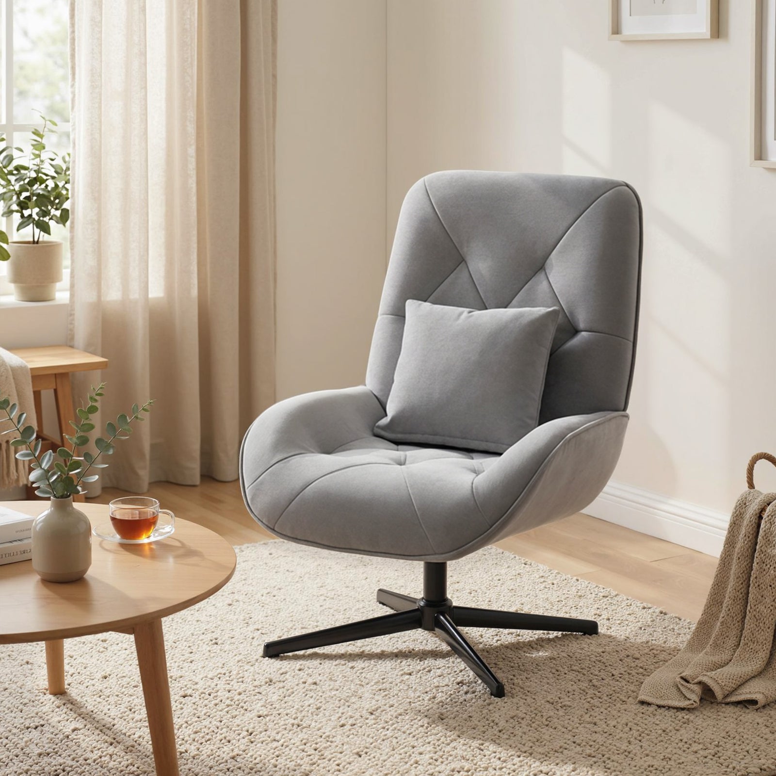 Swivel Accent Chair, Chenille Armchair With Lumbar Pillow | Light Grey