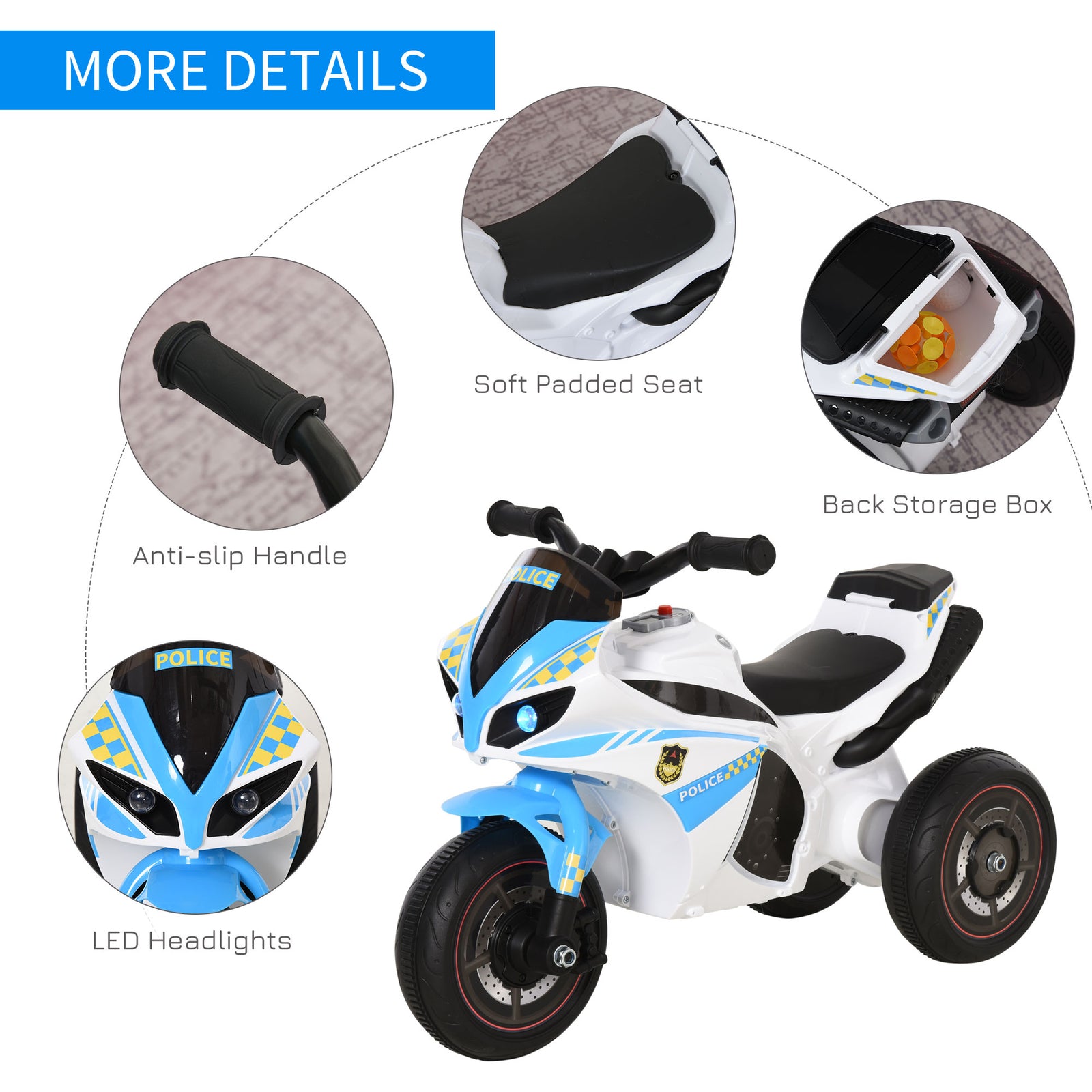 Kids Ride-on Police Bike 3-wheel Vehicle W/ Music Lights 18-36 Mths | Blue