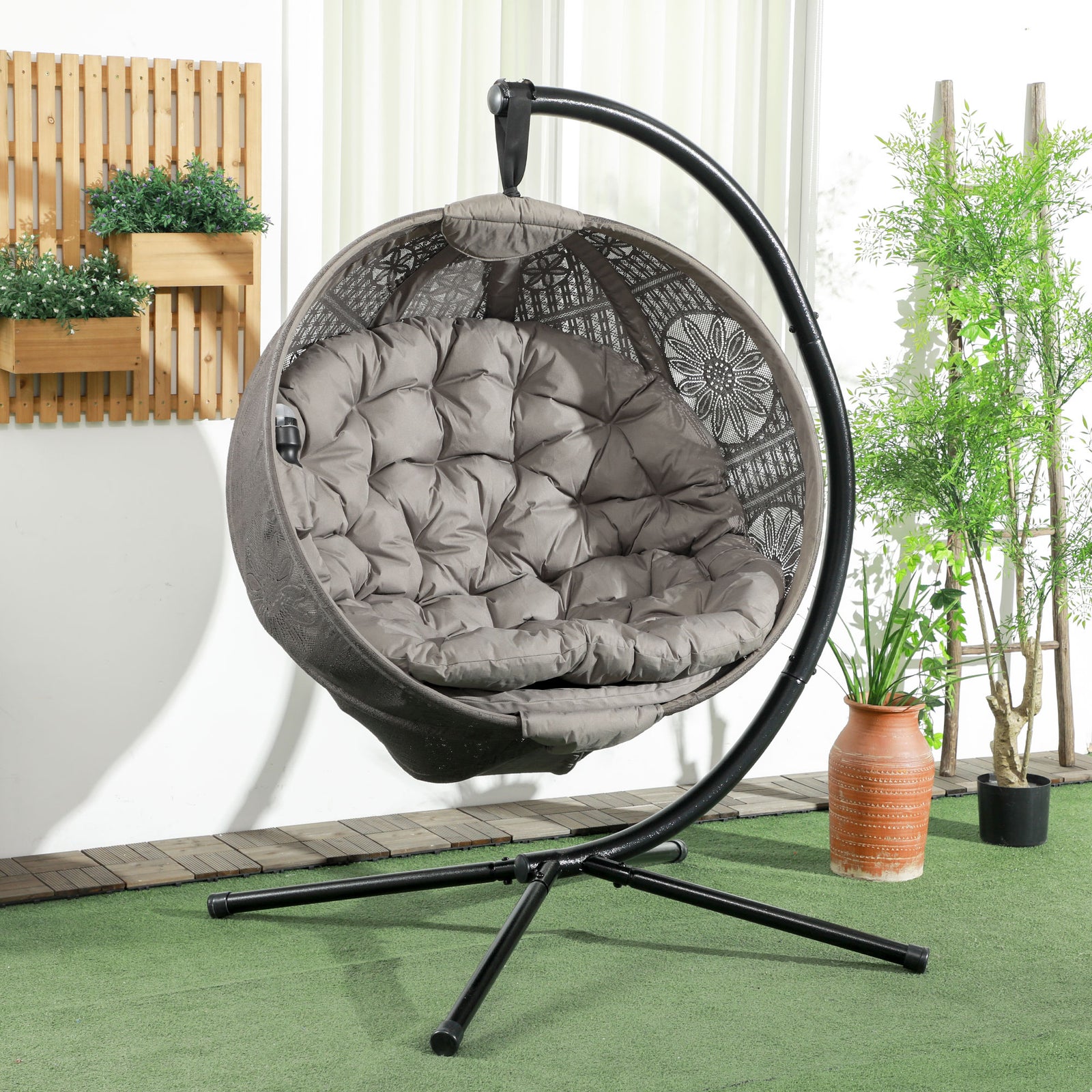 Hanging Chair W/ Metal Stand, Thick Cushion, Foldable Basket