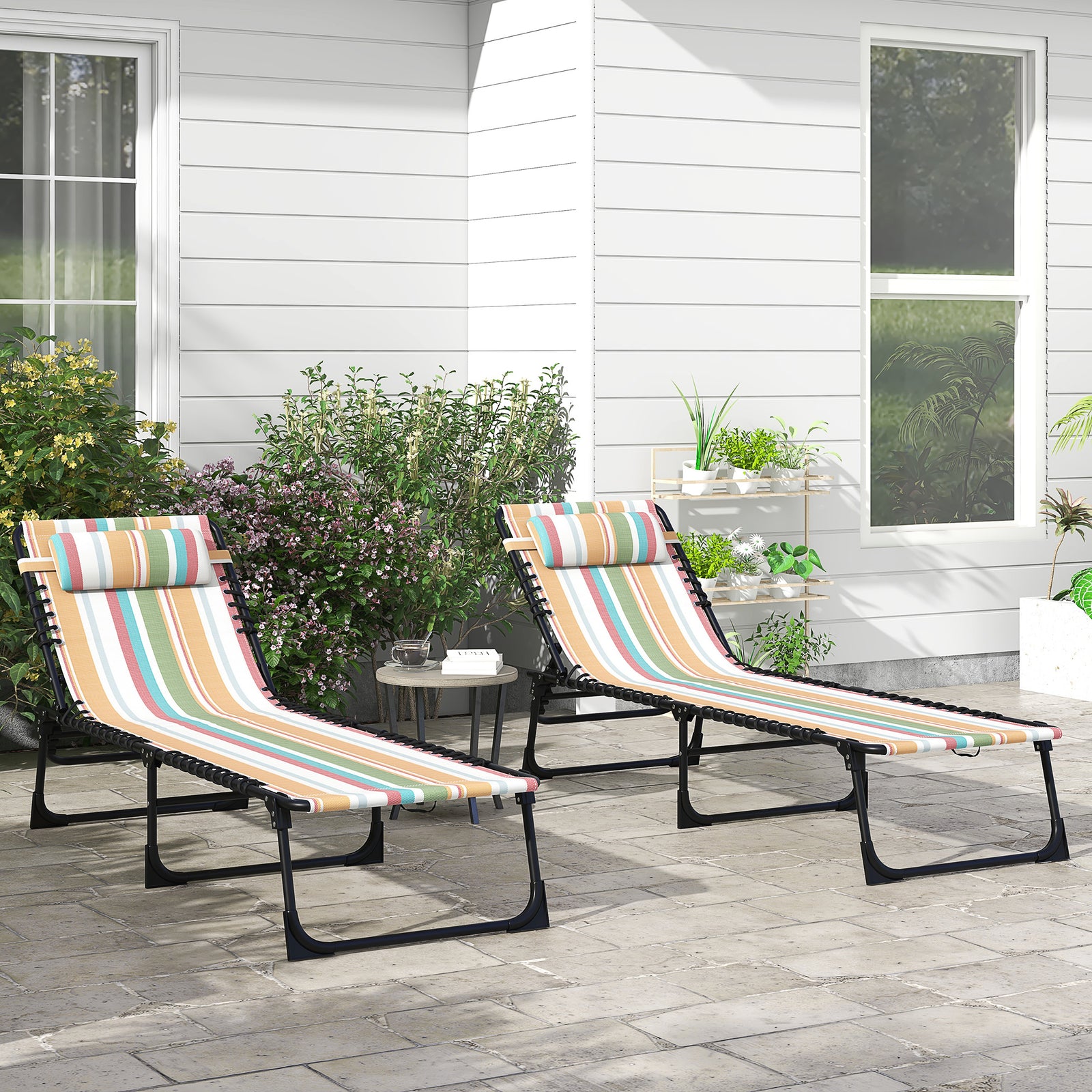 2 Pcs Beach Chaise Lounge 4 Adjustable Positions | Set of 2 | Multi Colour