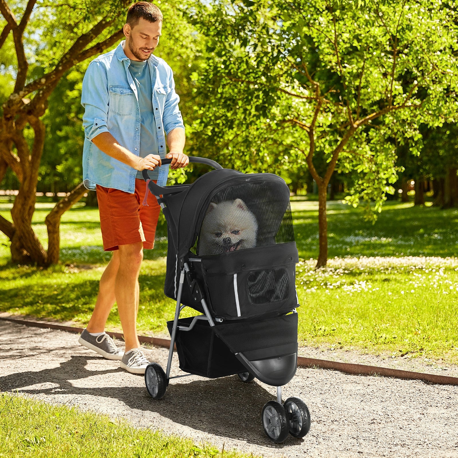Pet Stroller Pushchair Carrier For Cat Puppy With 3 Wheels | Black