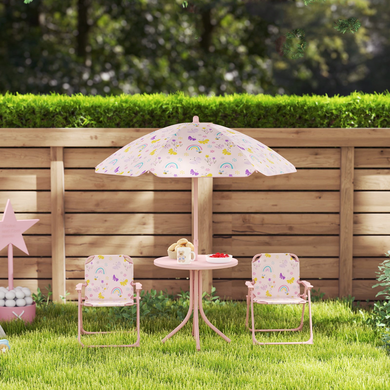 Kids Garden Furniture, Children Table And Chair Set W/ Adjustable Parasol | Pink