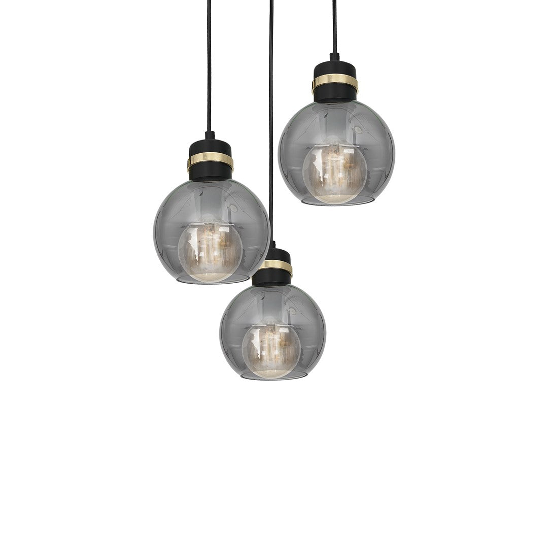 Omega Hand Made Circular Pendant Lamp With Elegant Smoked Glass Spheres Quality Matt Black Fittings With Gold Detail
