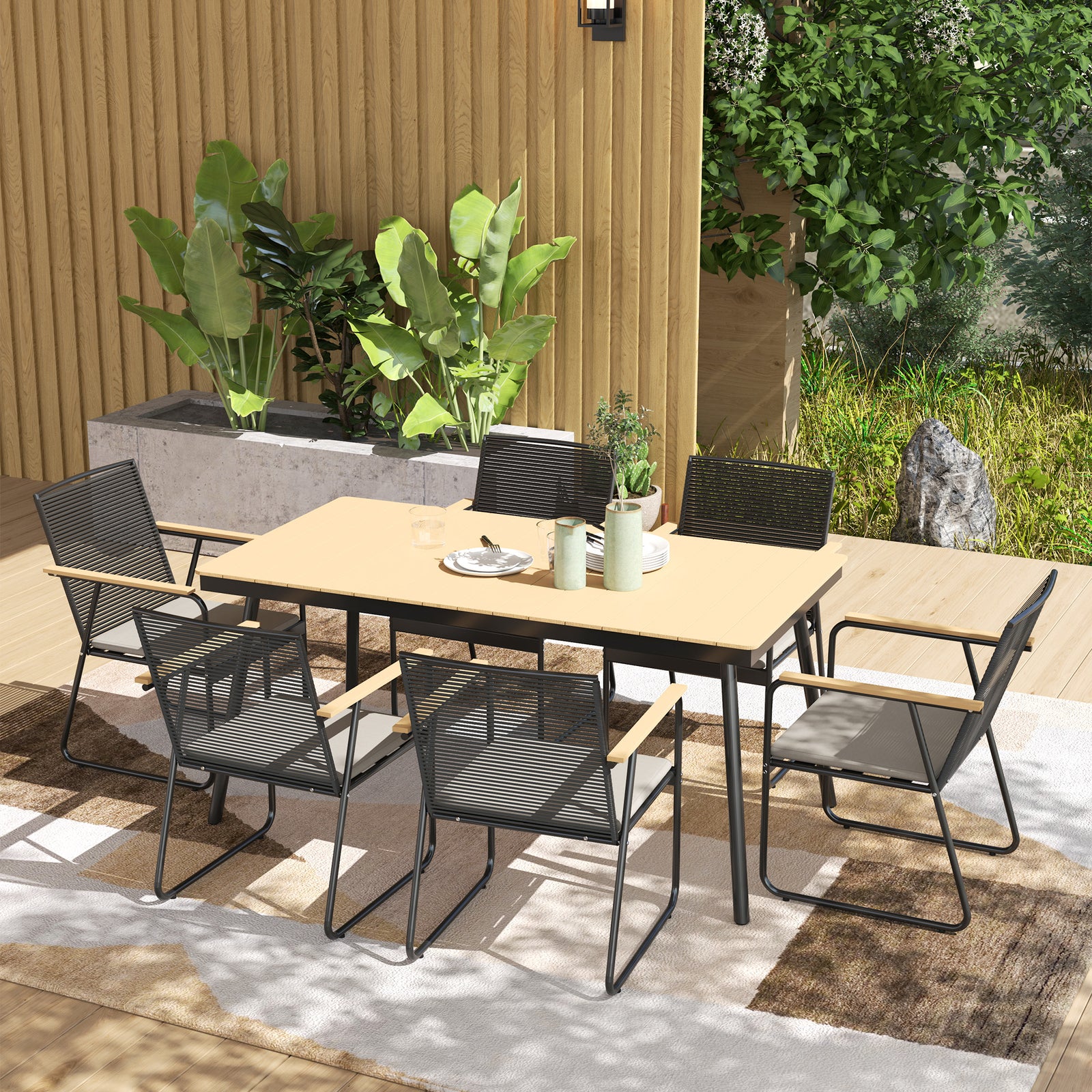 6 Seater Garden Dining Set With Cushions Rattan Backrest | Natural