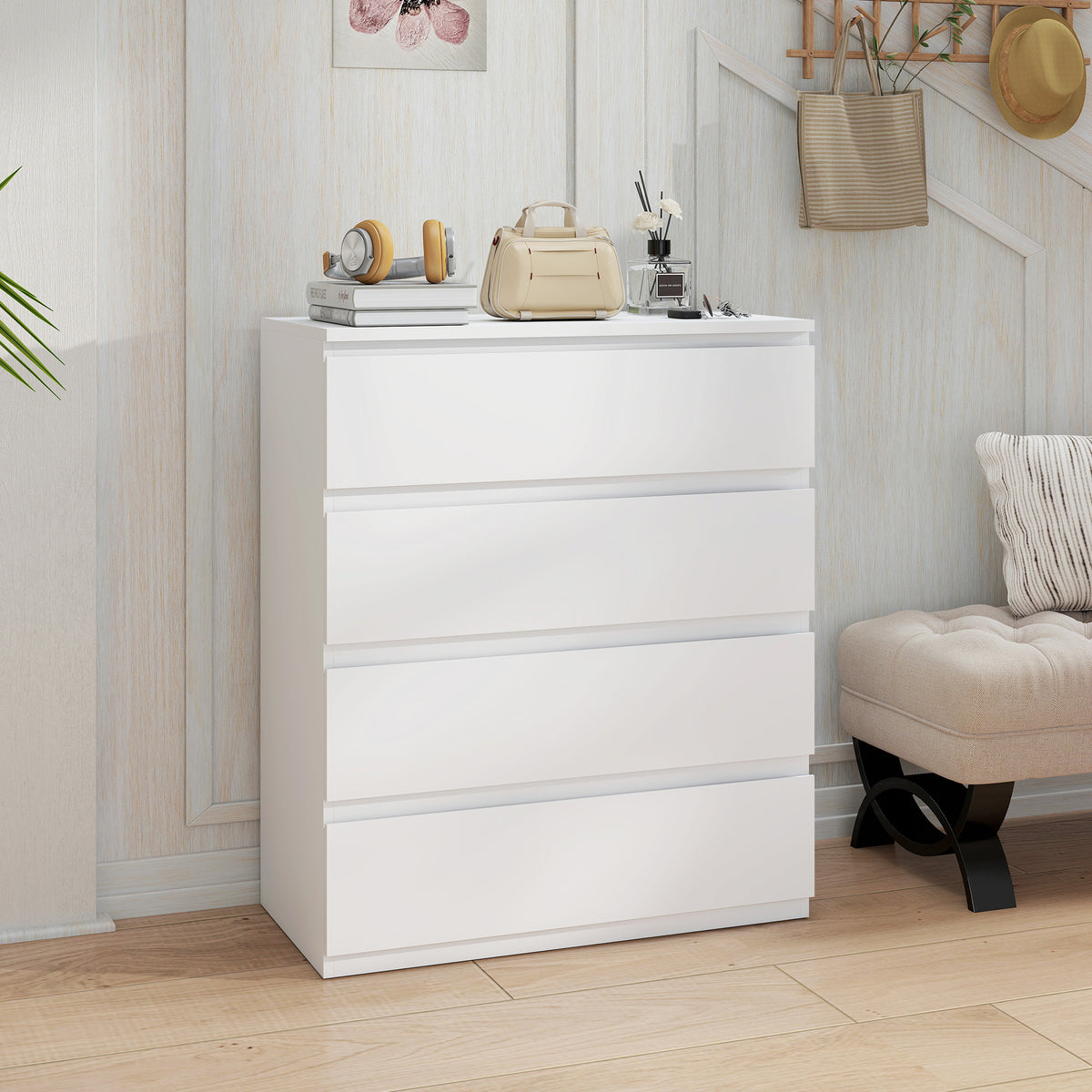 HOMCOM Chest Of Drawers, 4 Drawer Storage Cabinet Unit For Bedroom, White
