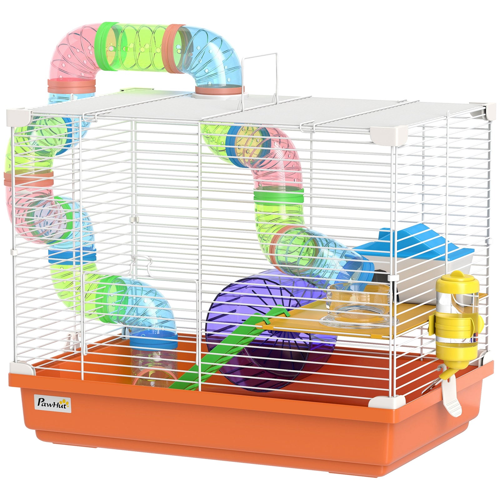 2 Tier Hamster Cage Small Animal House W/ Exercise Wheels Tunnel | Orange