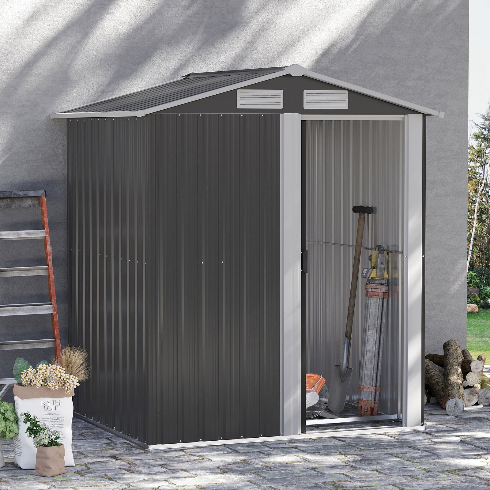 Outdoor Metal Storage Shed With Sliding Door Sloped Roof | Gray