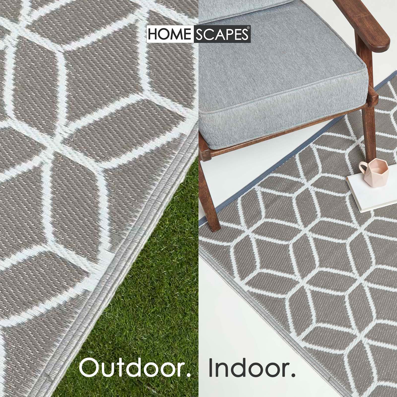 Luxury Outdoor Rug Waterproof Reversible Round For Garden Patio, Grey Geometric