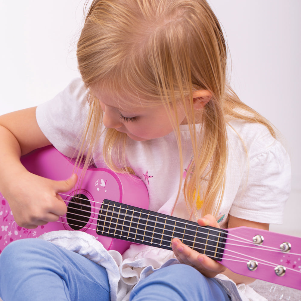 Childrens Wooden Acoustic Guitar - Pink/ Flowers