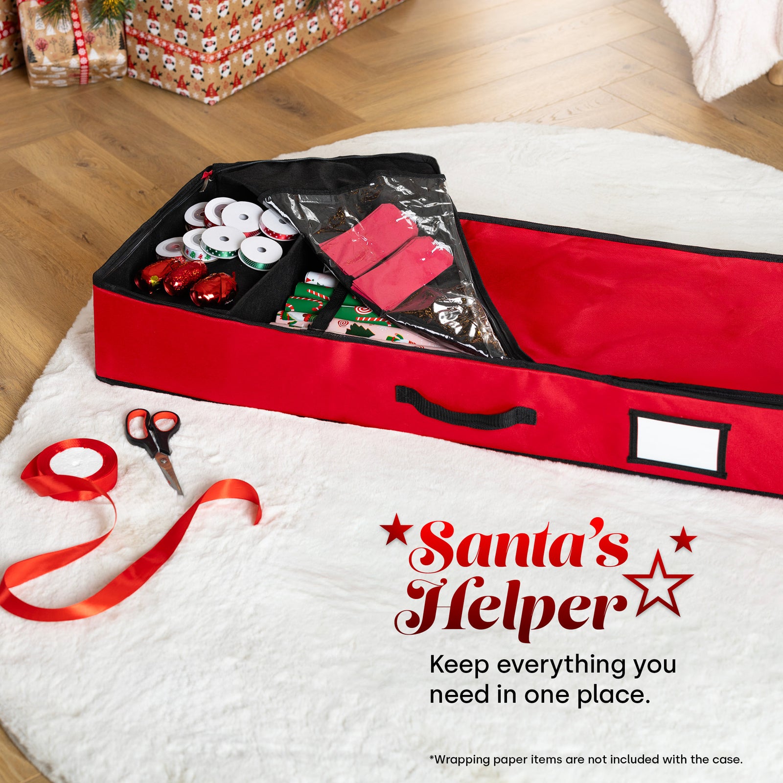 Fabric Wrapping Paper Storage Bag Red With Handles And Pockets