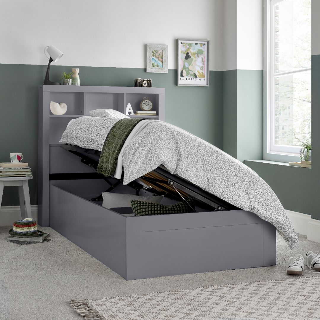 Oscar Wooden Bookcase Ottoman Storage Bed | Single | Grey