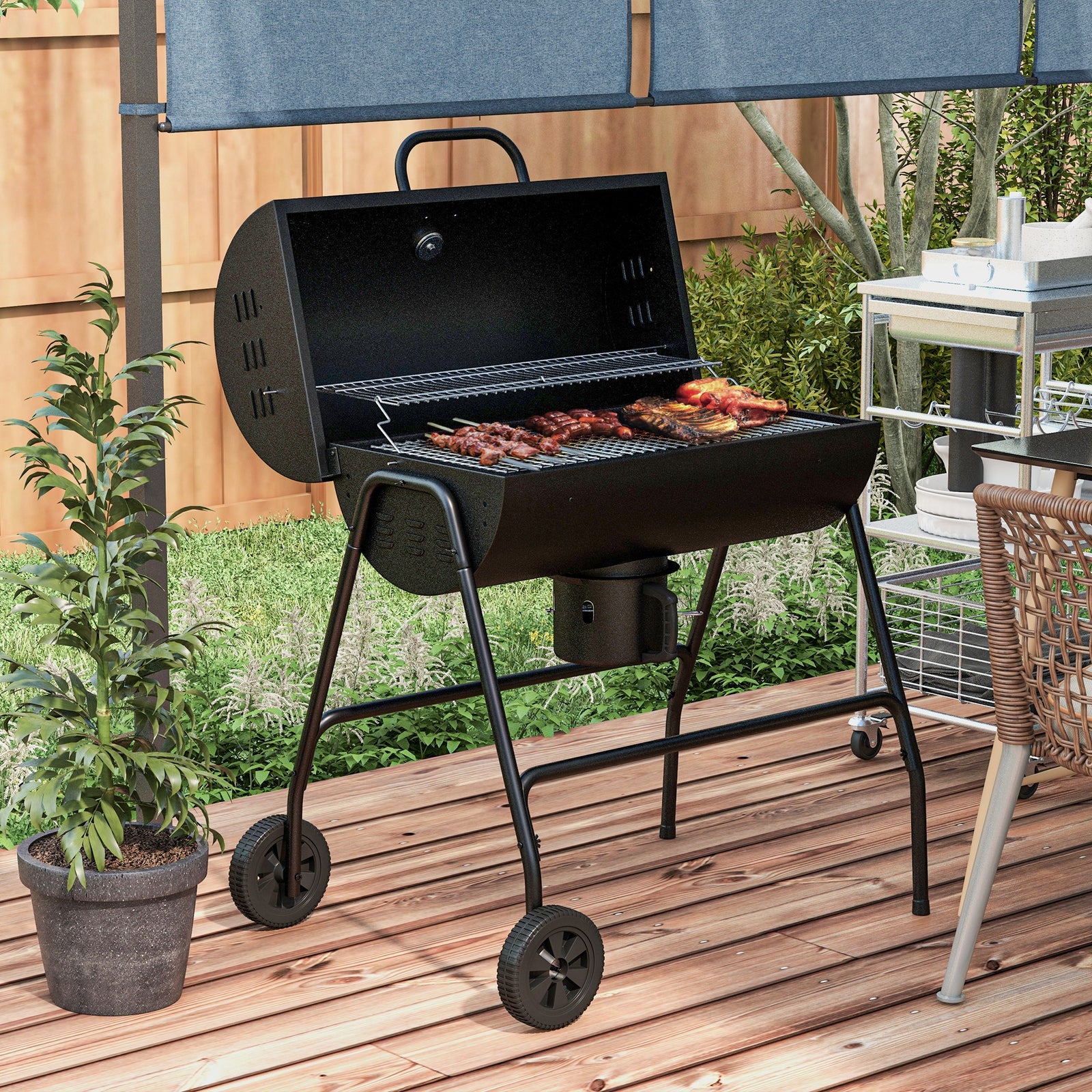 Charcoal Bbq, Adjustable Height, Trolley, Red | Black