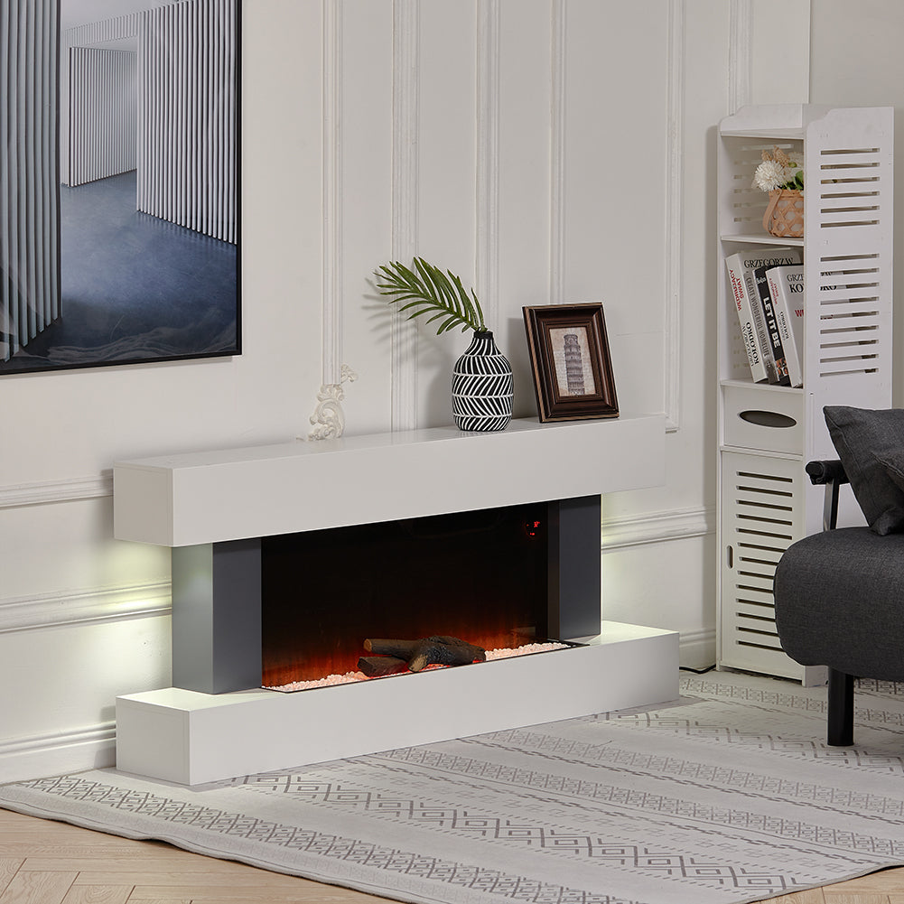 52-inch Electric Fireplace Suite, Black Fire With White Led Surround, Remote Control & Dual Side Nightlights