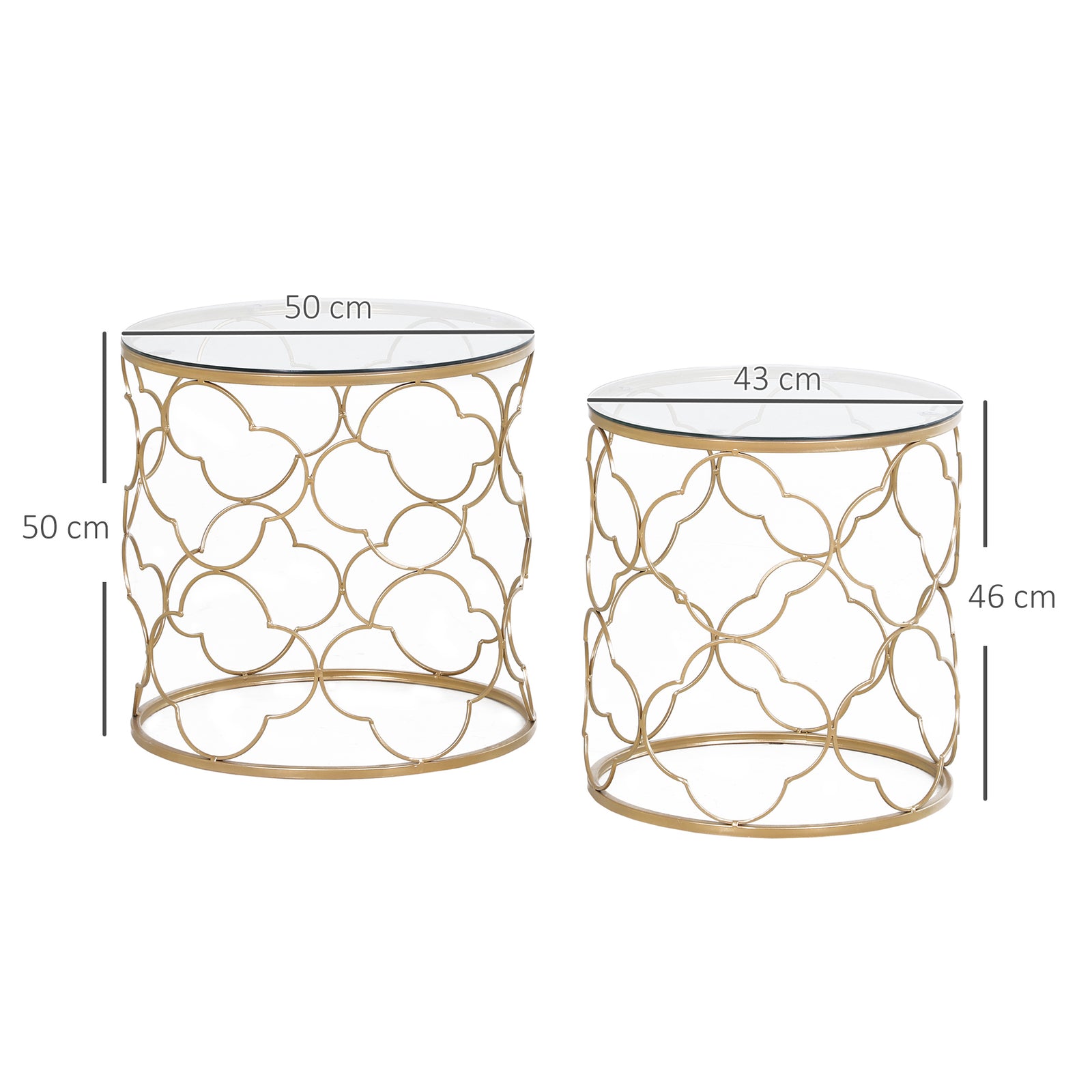 HOMCOM Nesting Tables Set Of 2, Side End Table With Glass Top, Gold Tone