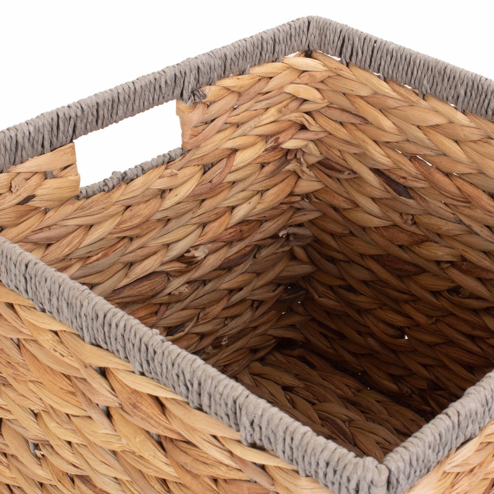 Water Hyacinth Square With Grey Rope Border Storage Basket | Small | Brown