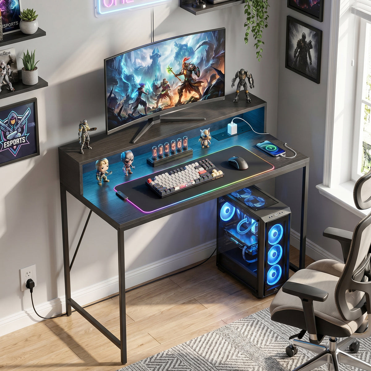 HOMCOM Gaming Desk With Led Lights And Power Outlets, Black Wood-effect