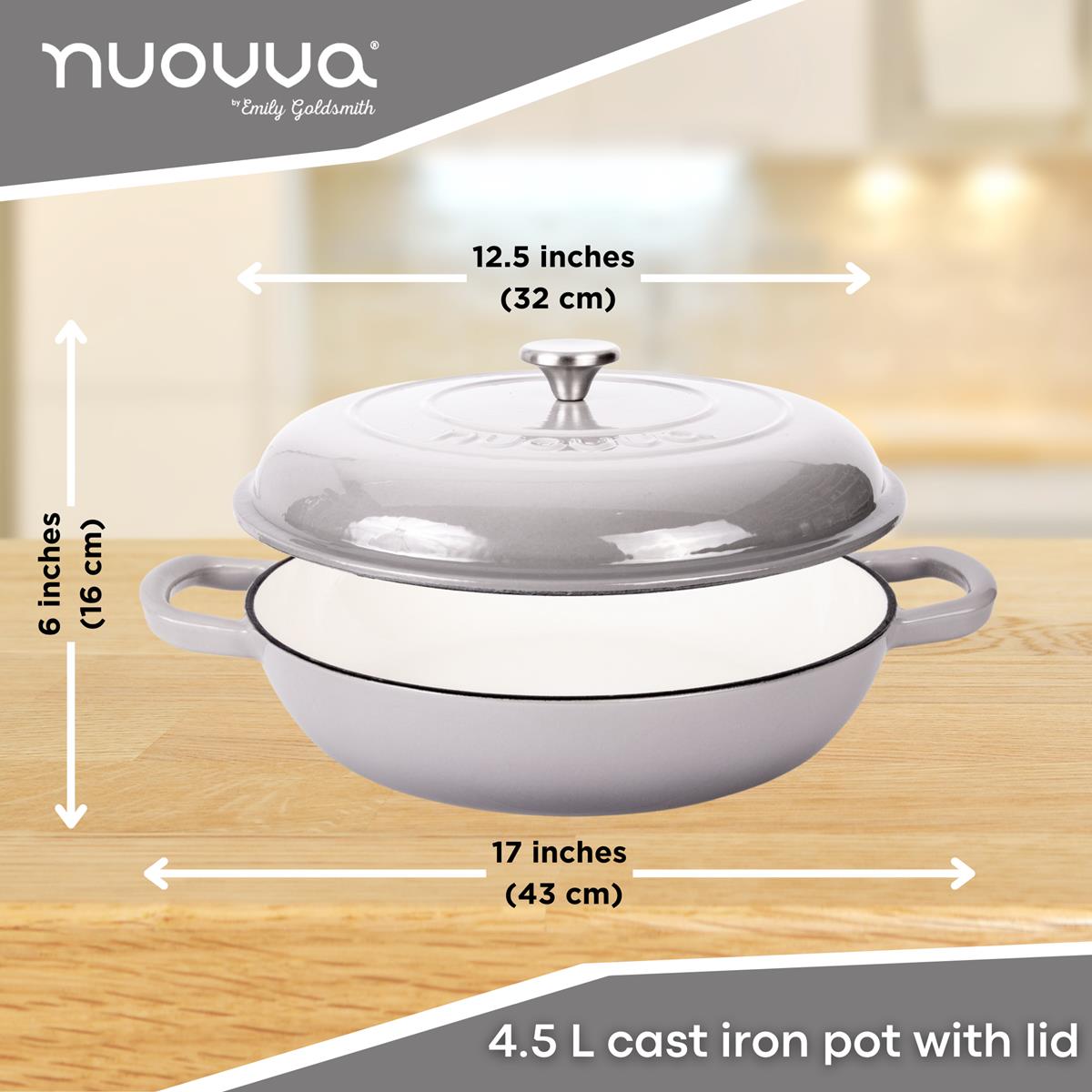 Shallow Cast Iron Casserole Pot With Lid, 5-quart, (32 Cm) | Grey