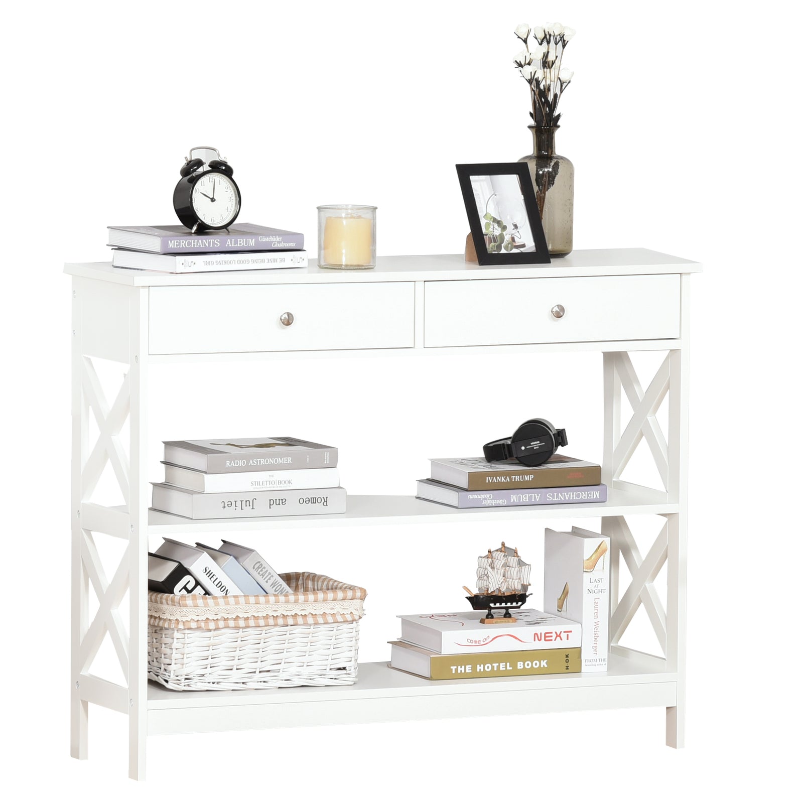 Console Table Side Desk Shelves Drawers Open Top X Support | One Size | White