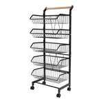 3/4/5-tier Adjustable Black Carbon Steel Storage Cart Rolling Utility Organizer Trolley With Wooden Handle | Large | Black