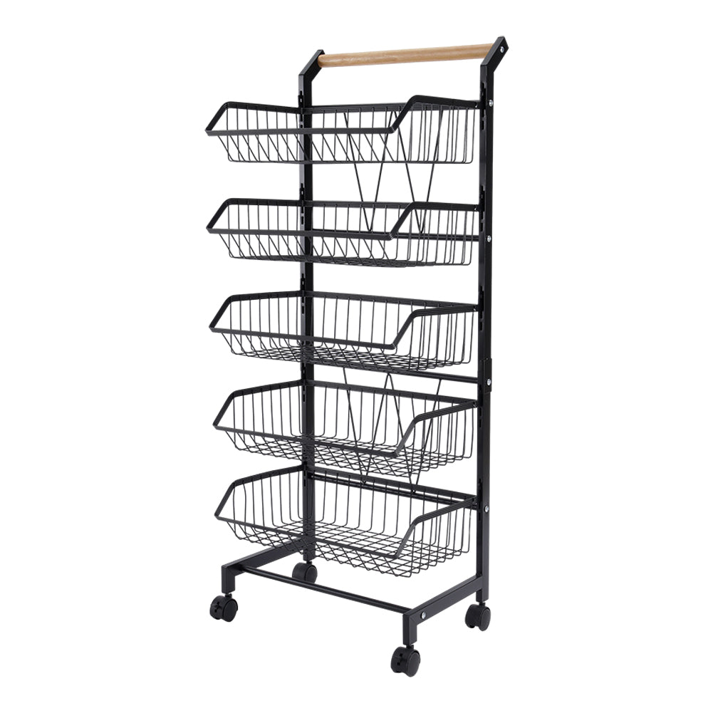 3/4/5-tier Adjustable Black Carbon Steel Storage Cart Rolling Utility Organizer Trolley With Wooden Handle | Large | Black