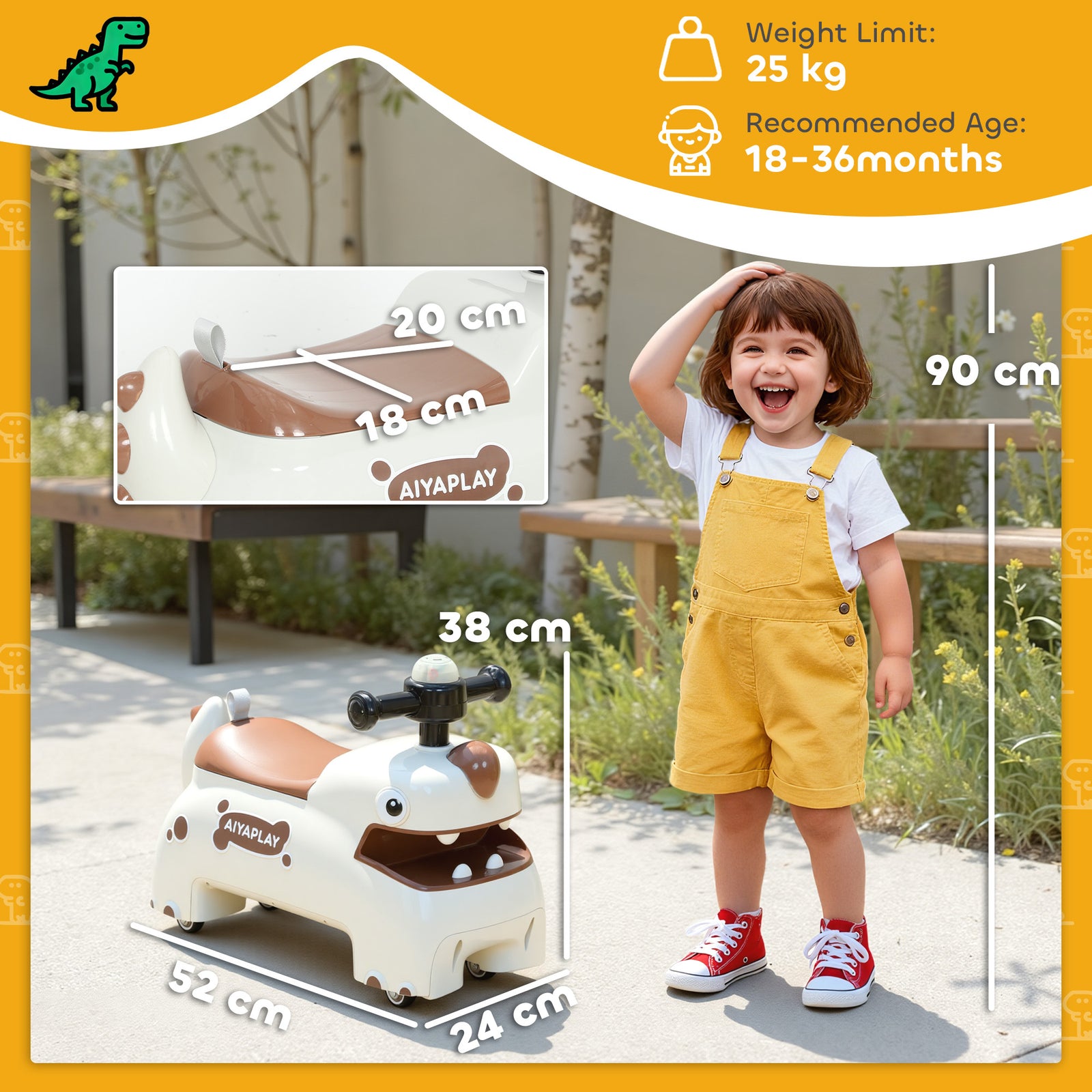 Kids Ride On Car, Dinosaur Shape Toddler Walker | Cream