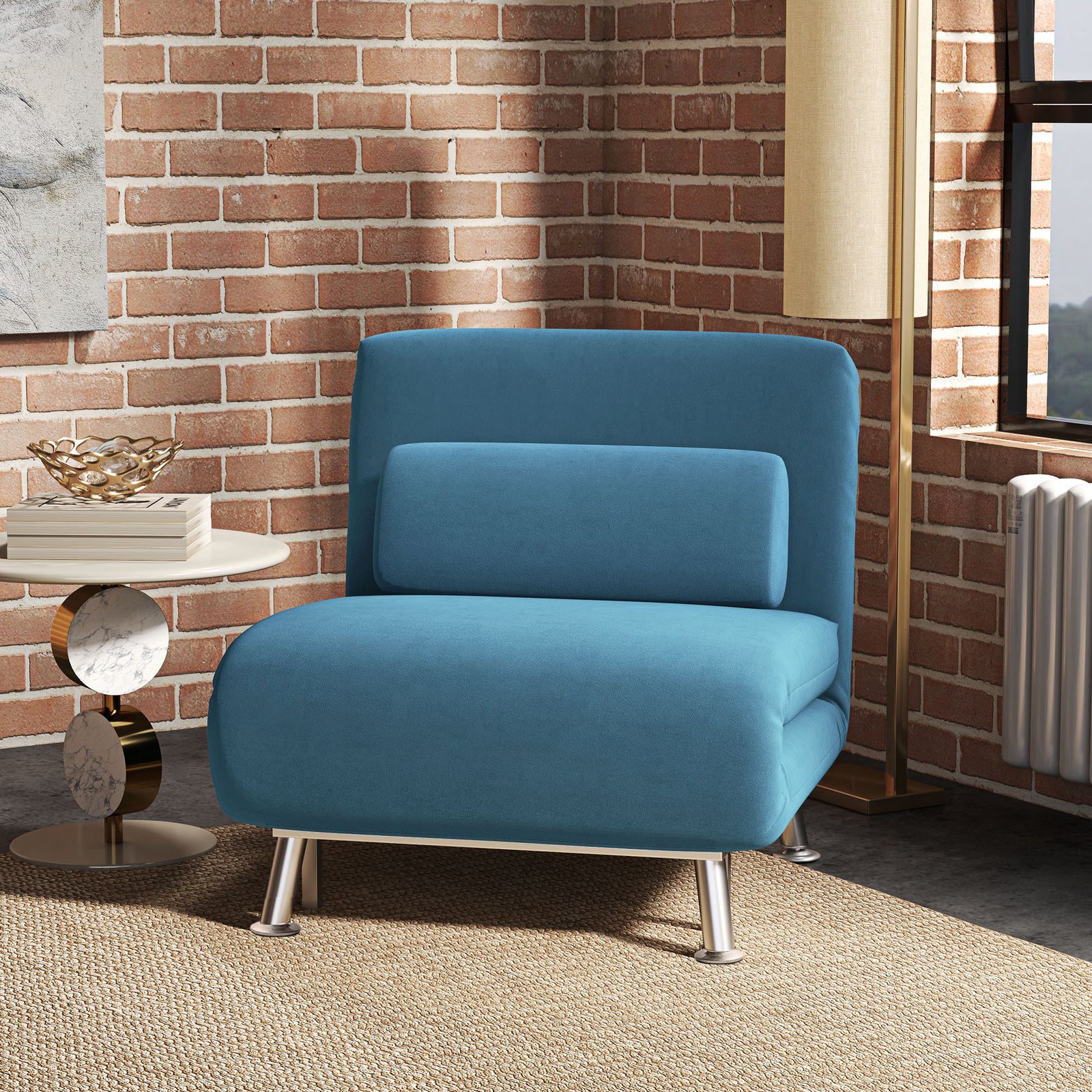 Single Sofa Bed Folding Chair Bed Metal Frame Padding Pillow | Blue