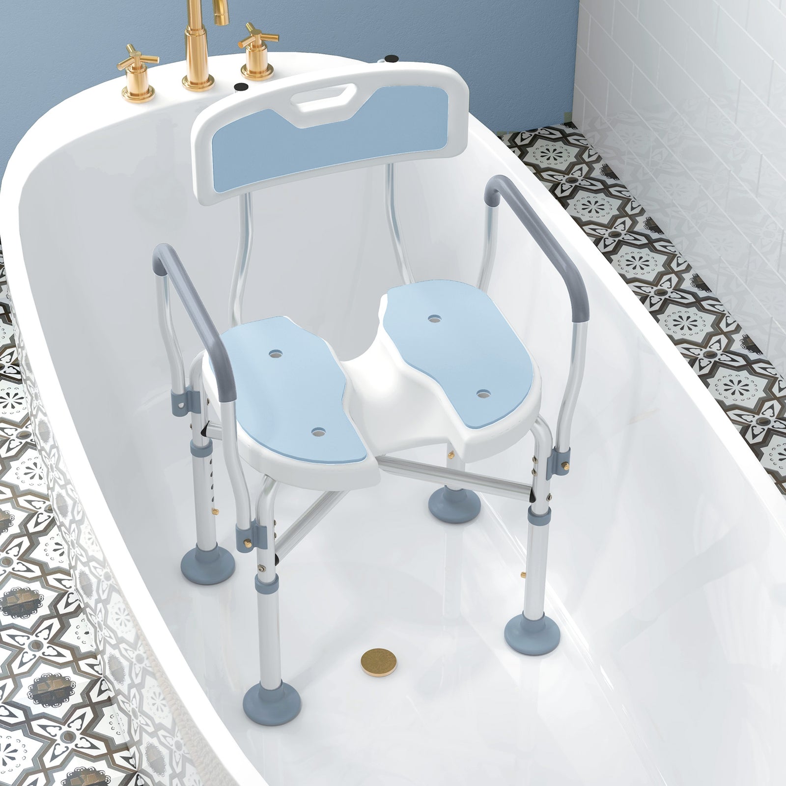 Padded Bath Chair With Slotted Seat And Adjustable Height | One Size | Blue