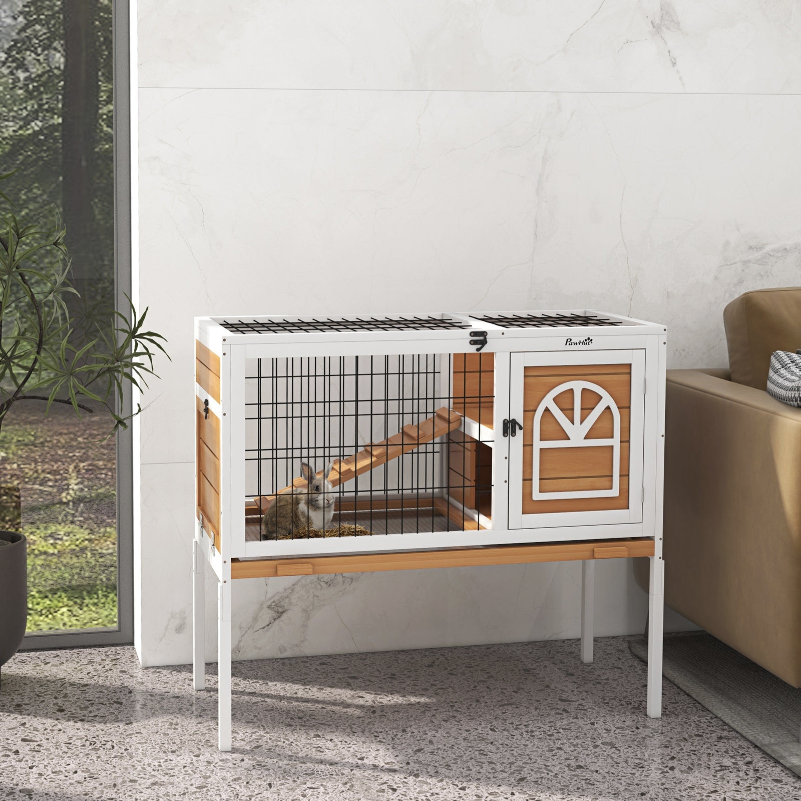 Wooden Rabbit Hutch, Small Animal House W/ Removable Tray, Openable Roof | Yellow