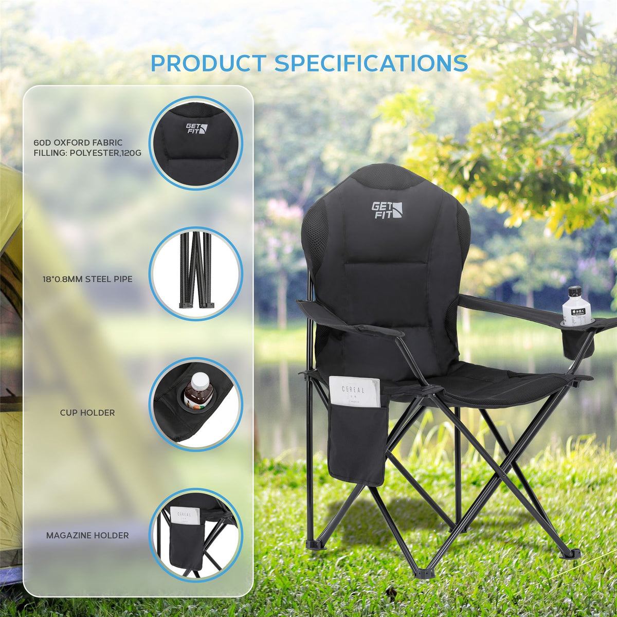 Premium Camping Chair - Thick Padded Folding Chair For Adults With Magazine Pocket, Cup Holder & Carry Bag - Lightweight 3kg - Heavy Duty Foldable Picnic Chair | Set of 2 | Jet Black