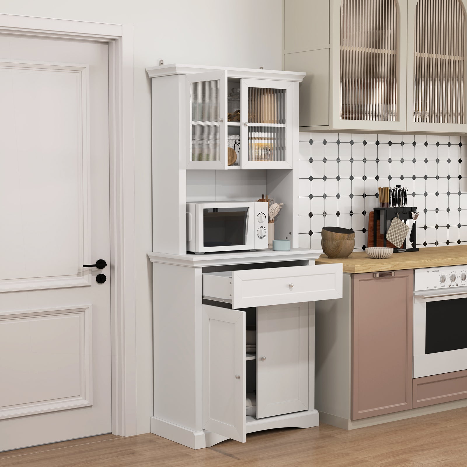 Kitchen Cupboard Storage Cabinet With Drawer, Doors And Shelves, White