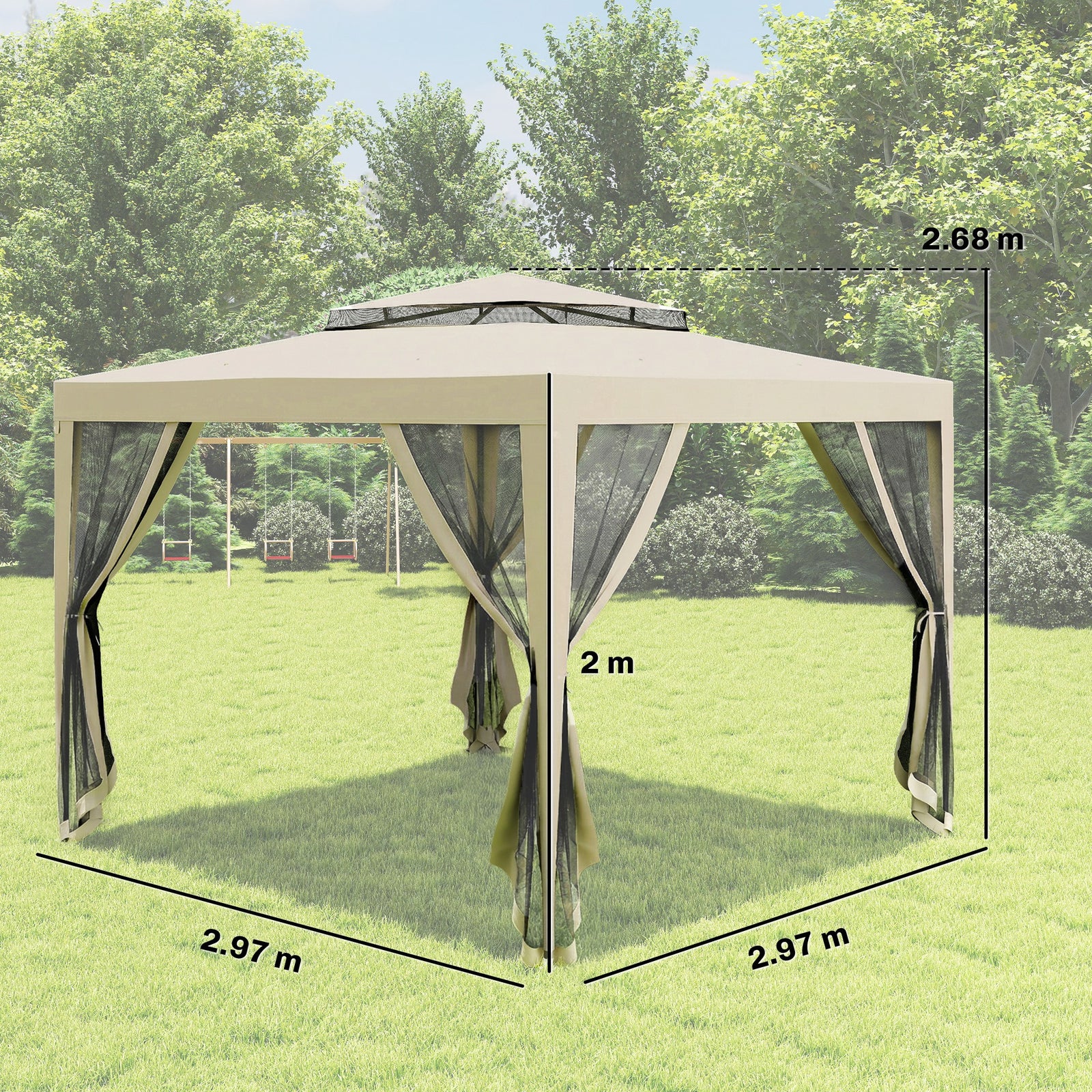 3 X 3 M Gazebo, Netting Party Tent W/ Double Tier Roof | Beige