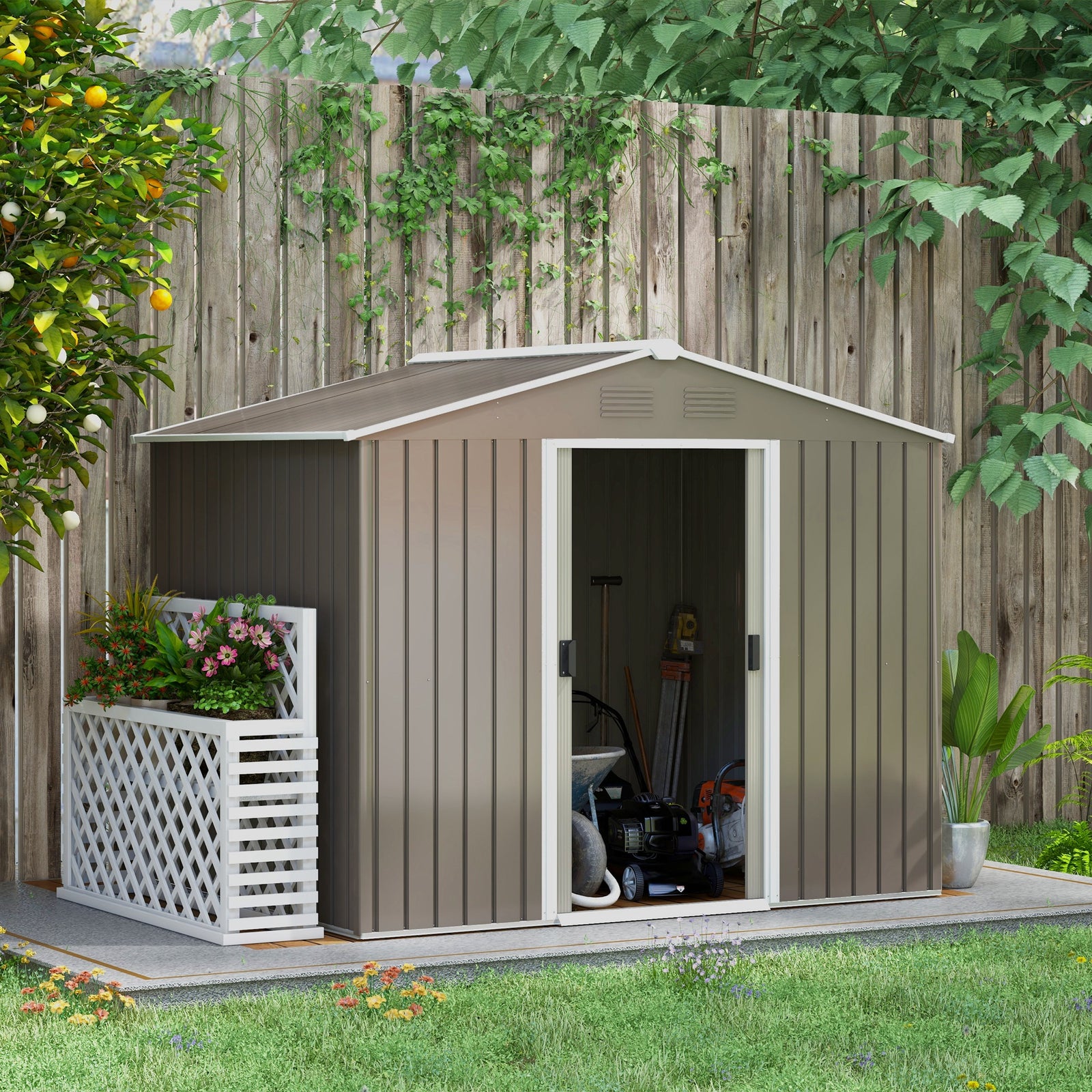 8 X 6ft Garden Storage Shed With Double Sliding Door Outdoor | Light Slate Gray