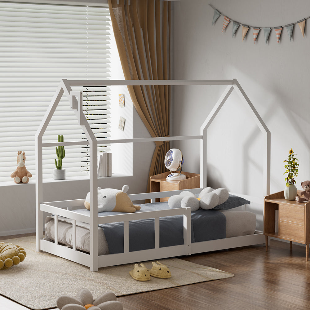 Kids Pine Wood House Bed Frame With Guardrails – 160cm X 80cm Low Design Single Toddler Bed For Safe And Fun Sleep | White