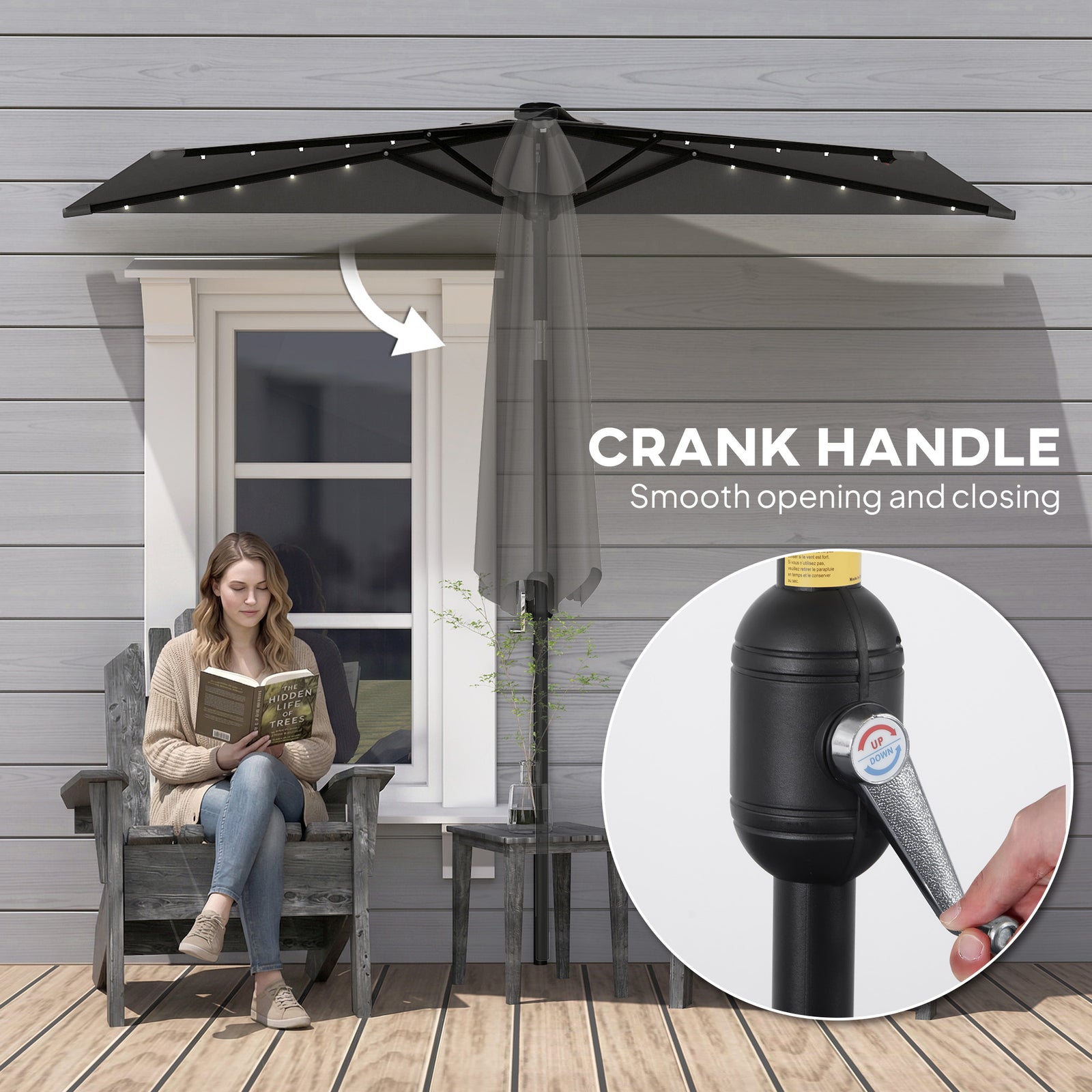 2.6 M Half Parasol With Solar Lights, Upf50+ Semi Round Umbrella | Dark Grey