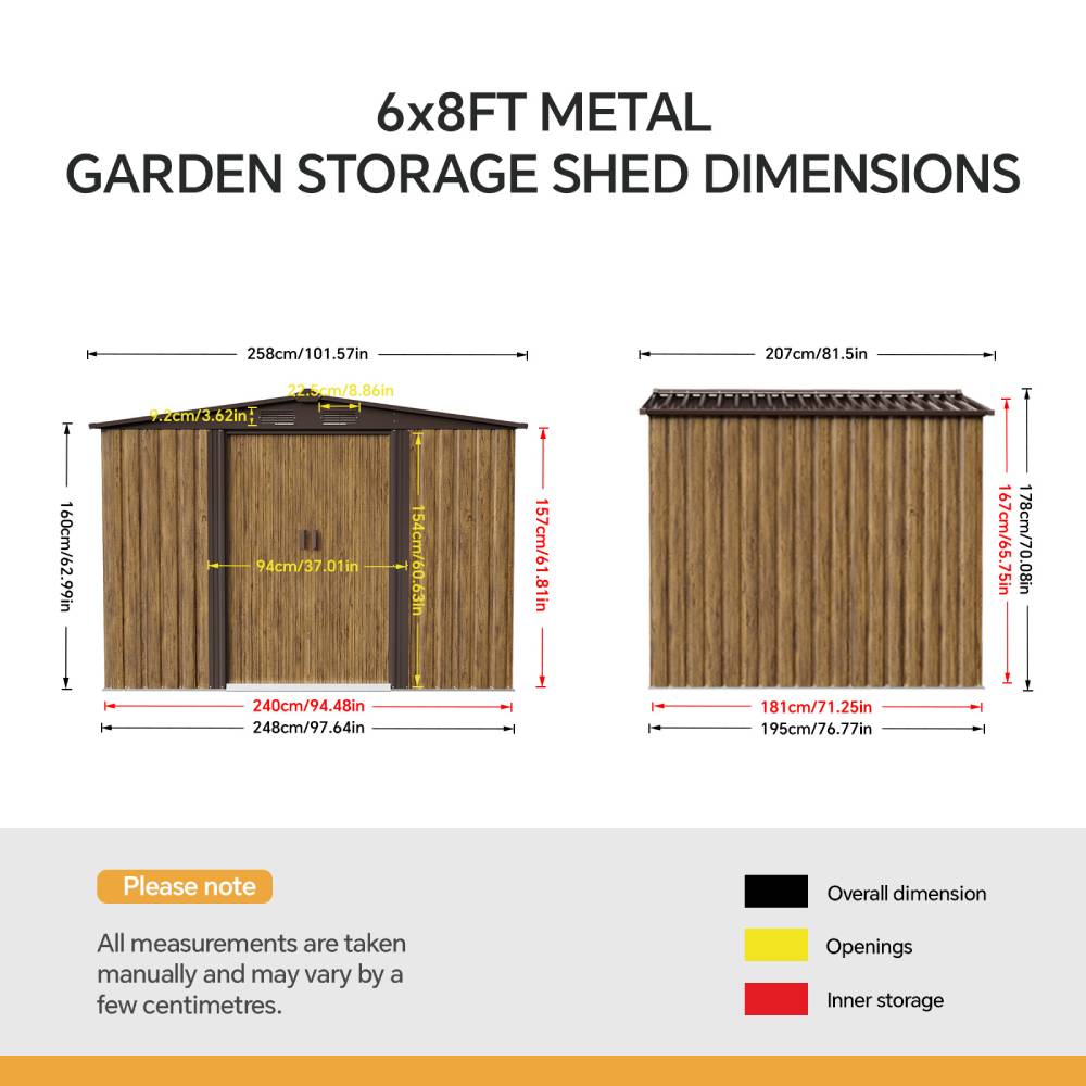6 x 8ft Metal Apex Roof Garden Shed with Foundation, 3D Brown Wood Grain, Double Sliding Doors & 4 Air Vents