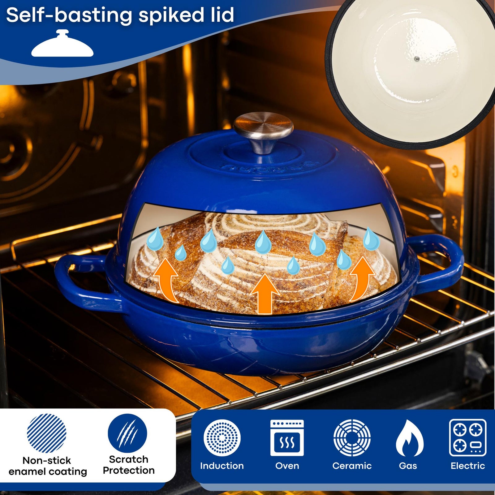 Enamelled Cast Iron Dutch Oven Bread Pot, 22cm (5.6l) | Dark Blue
