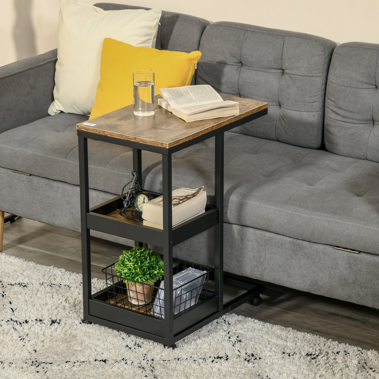 Industrial C-shaped Side Table With 3-tier Storage