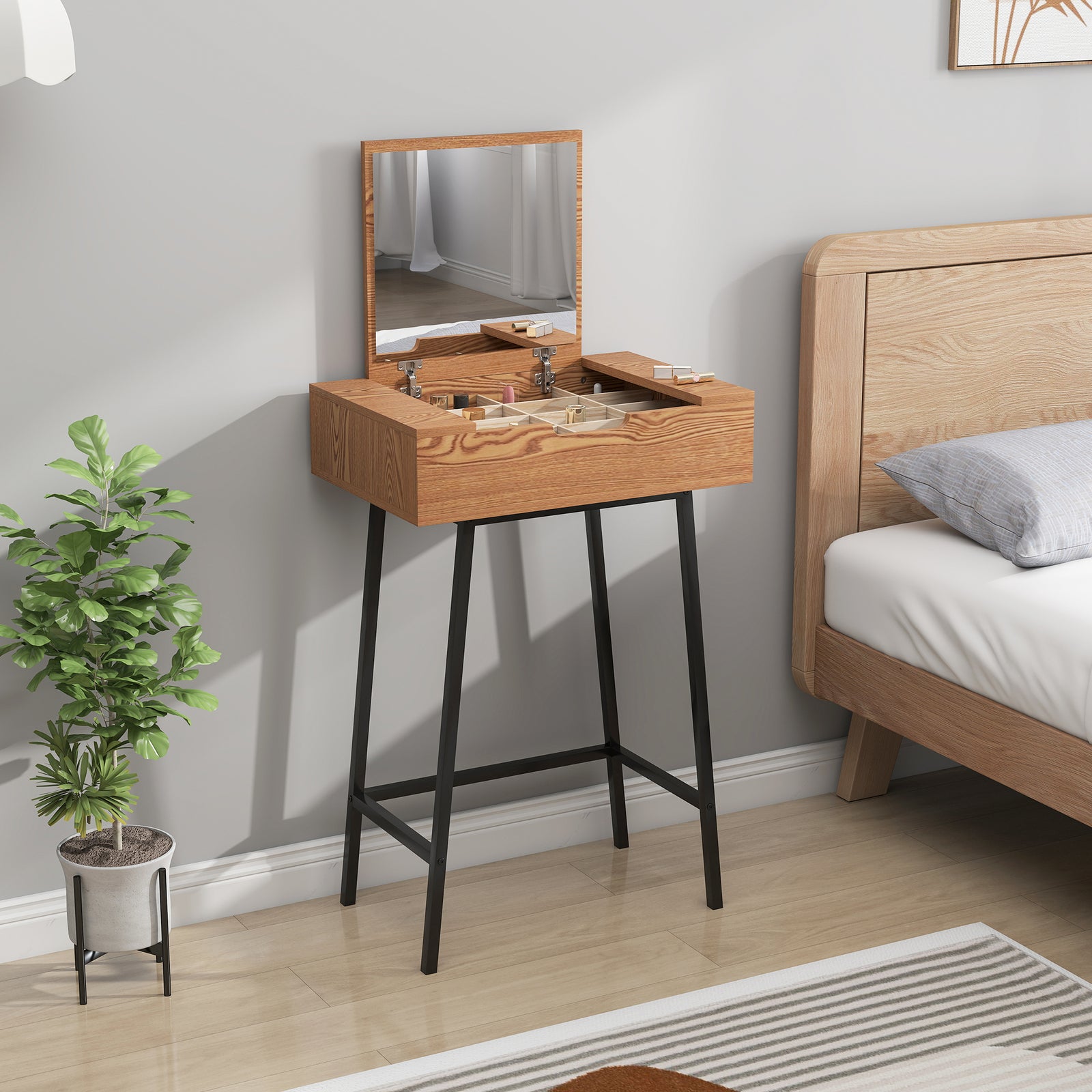 Industrial Vanity Desk With Mirror And Steel Legs Natural Wood Effect