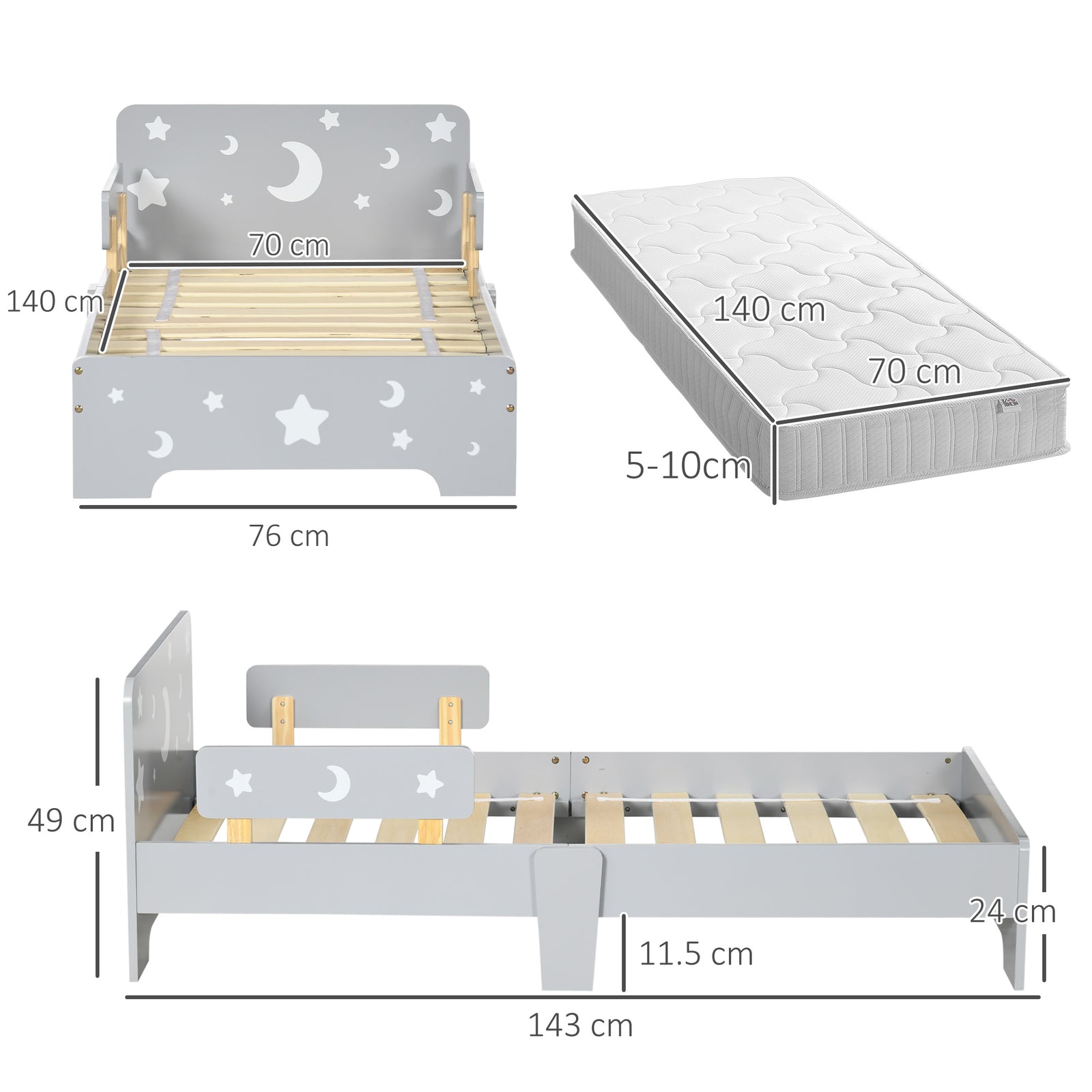 Kids Toddler Bed With Star And Moon Patterns, For Ages 3-6 Years - Grey