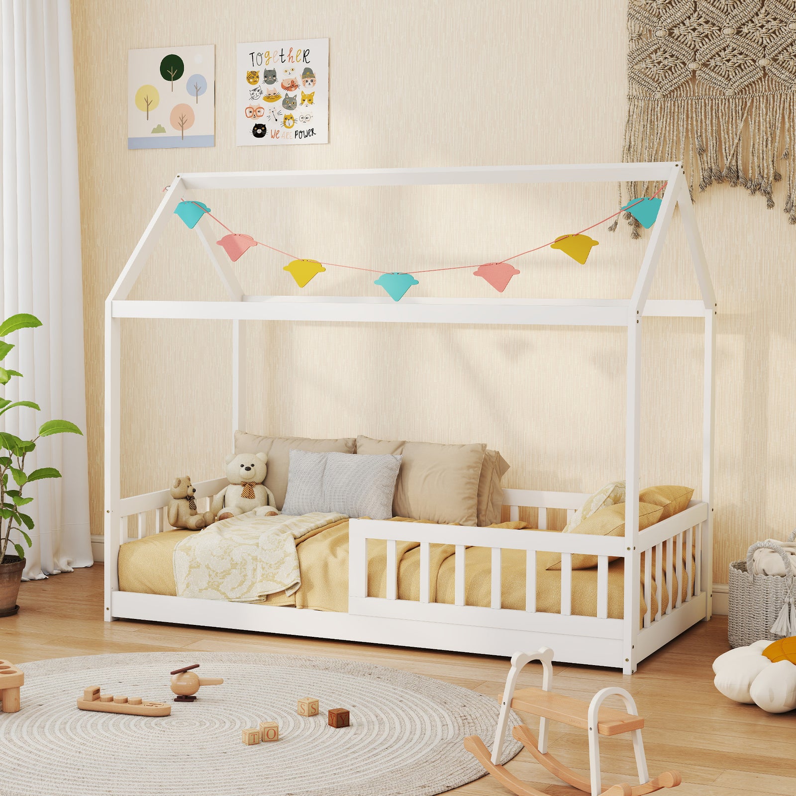 Homcom House-shaped Kids Bed Frame With Safety Fence For Boys Girls, White