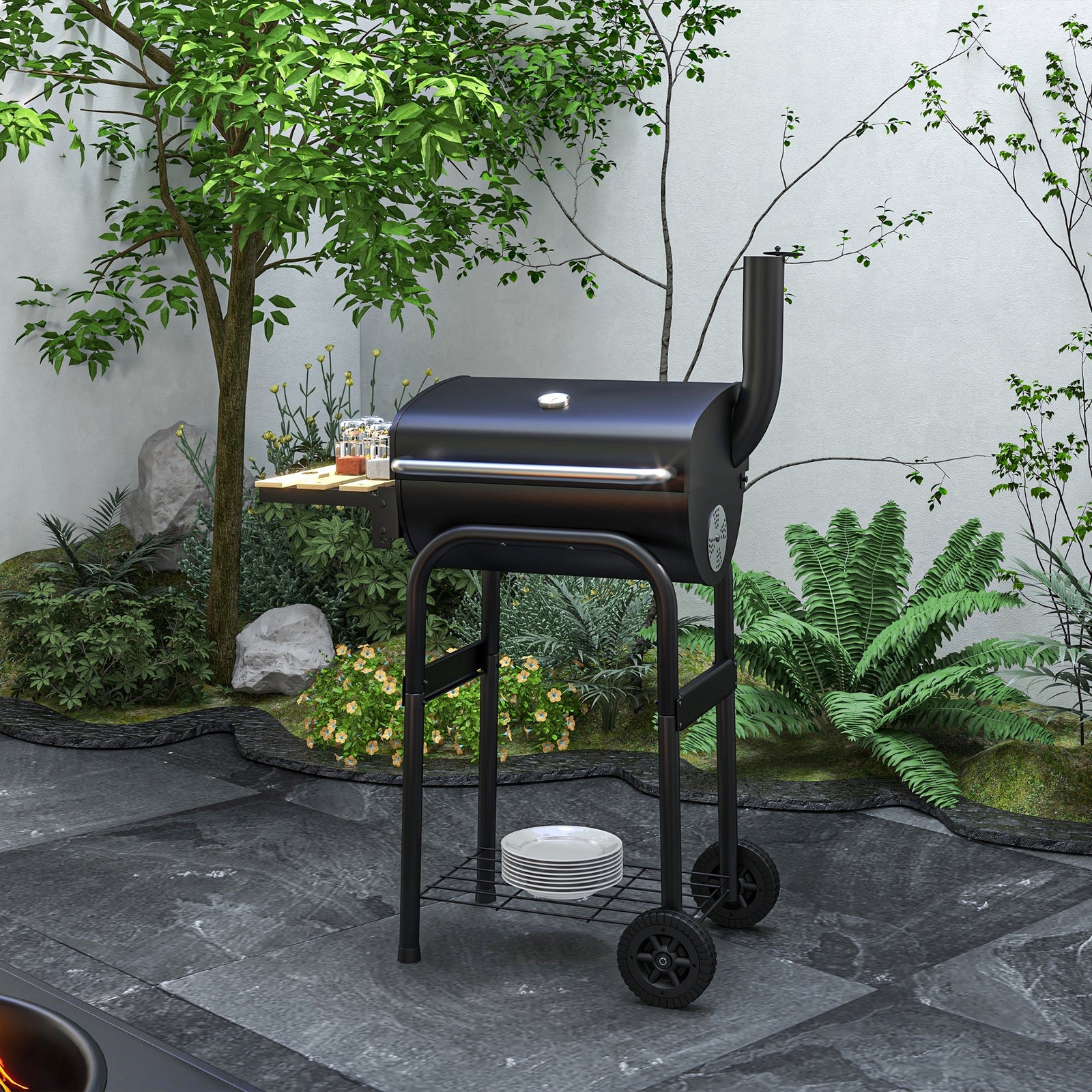 Charcoal Bbq Grill With Shelve, Portable Bbq Trolley Smoker