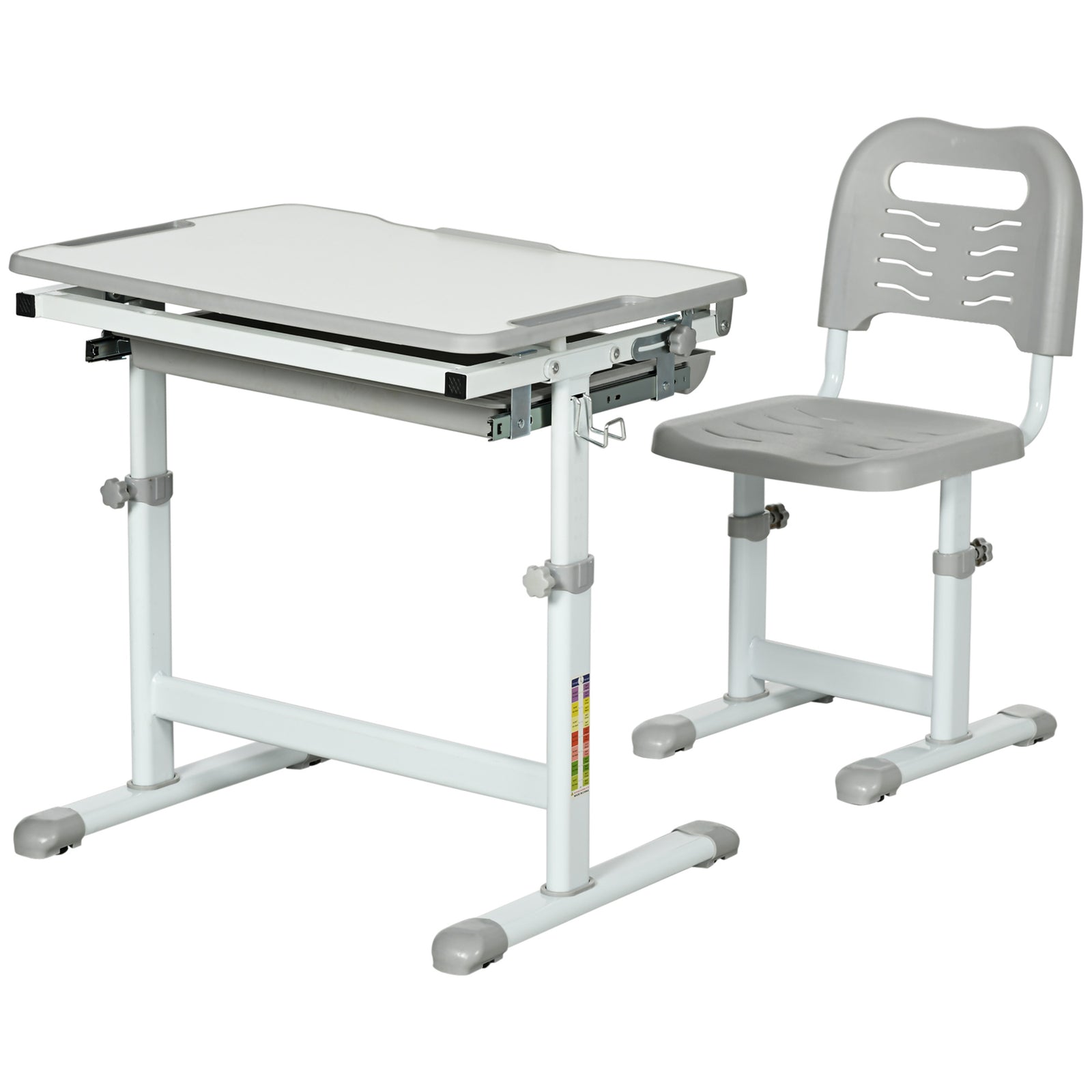 Kids Desk And Chair Set W/ Drawer, Pen Slot Hook | Grey