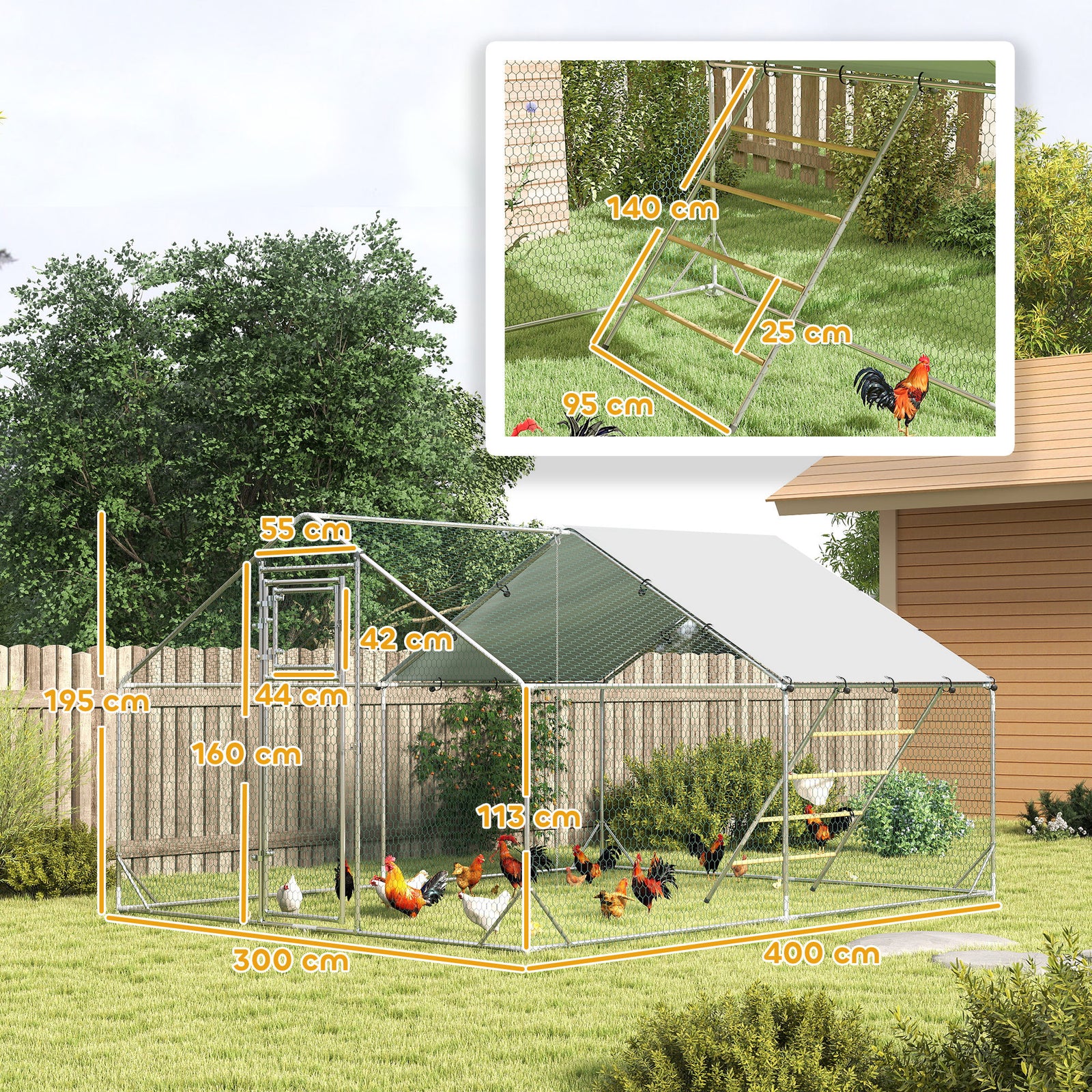Walk In Chicken Run W/ Cover, Hanging Feeder, Perch | Large | Silver