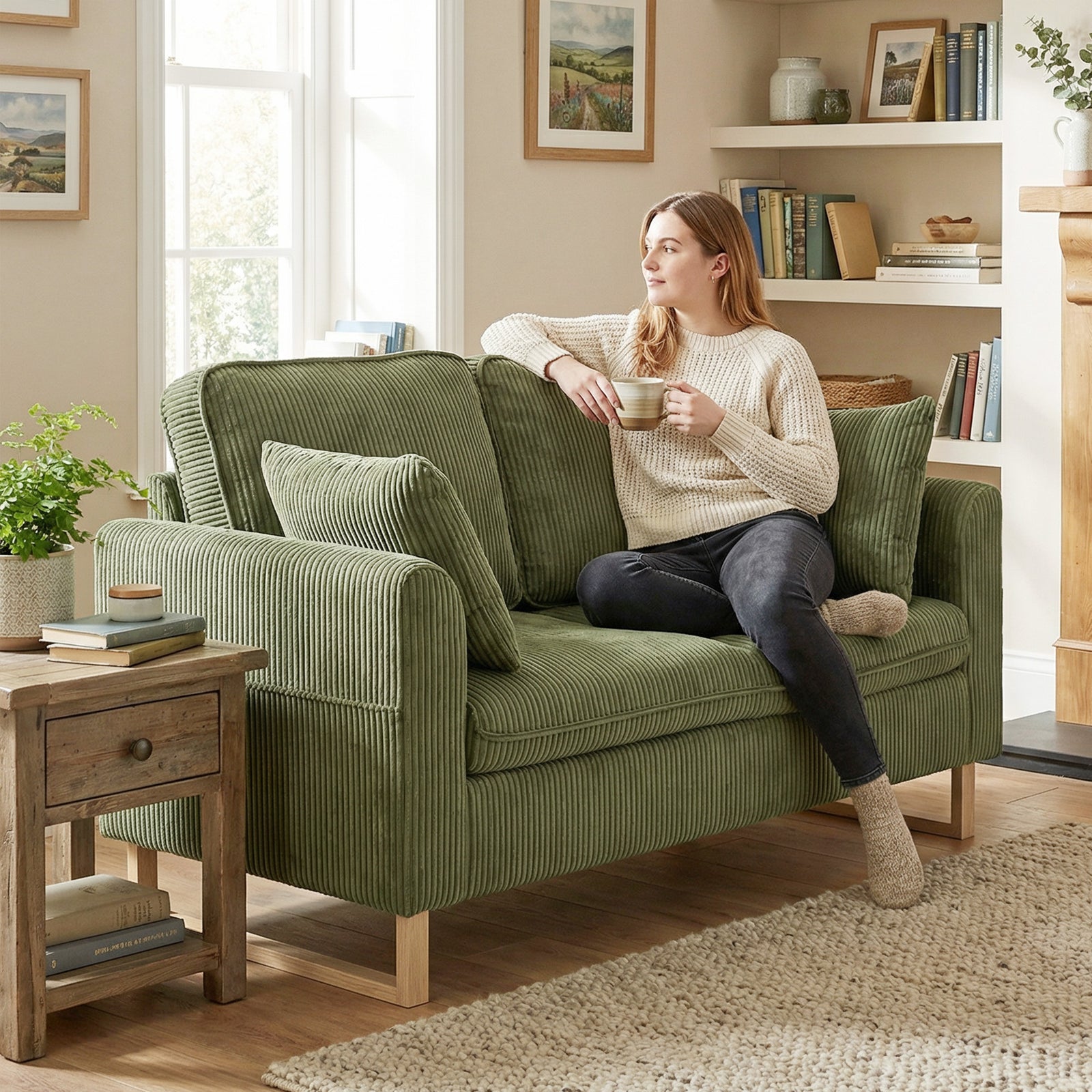 2 Seater Sofa, Corduroy Sofa W/ Spring Cushions 2 Pillows | Green