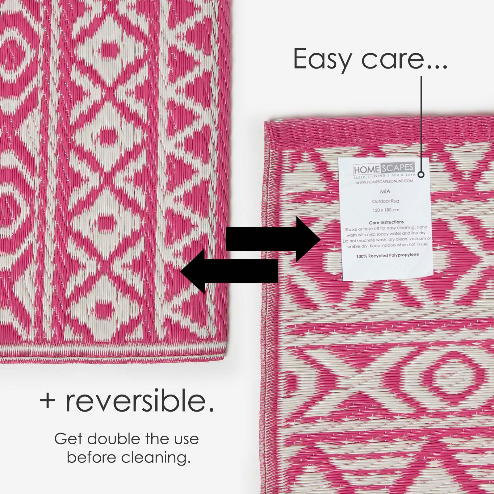 Luxury Outdoor Rug Waterproof Reversible For Garden Patio 100% Recycled, Pink Tia Aztec | 150cm x 240cm | Pink