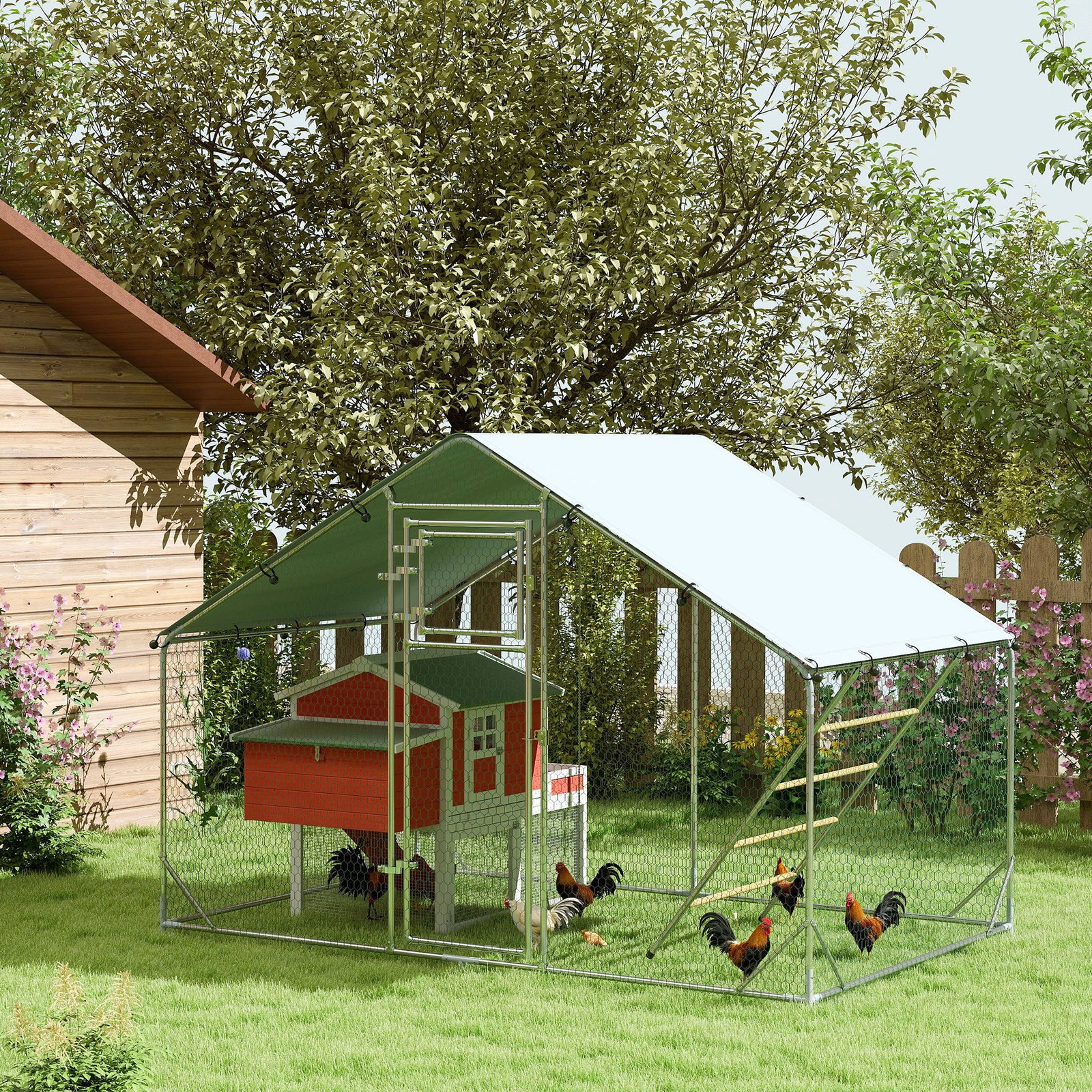 Walk In Chicken Run W/ Cover, Hanging Feeder, Perch | Small | Silver