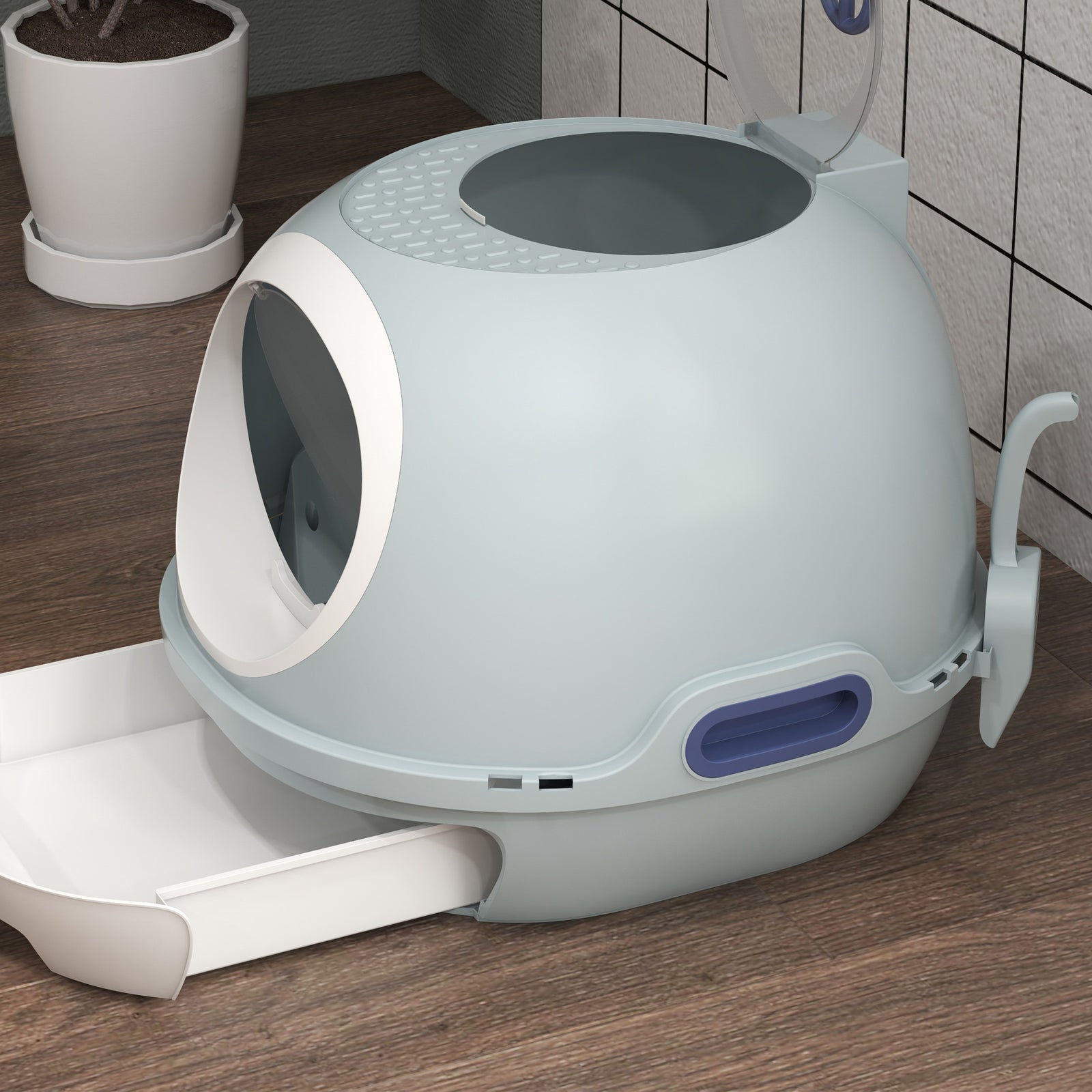 Cat Litter Box Pet Toilet W/ Scoop, Drawer, Skylight | Blue
