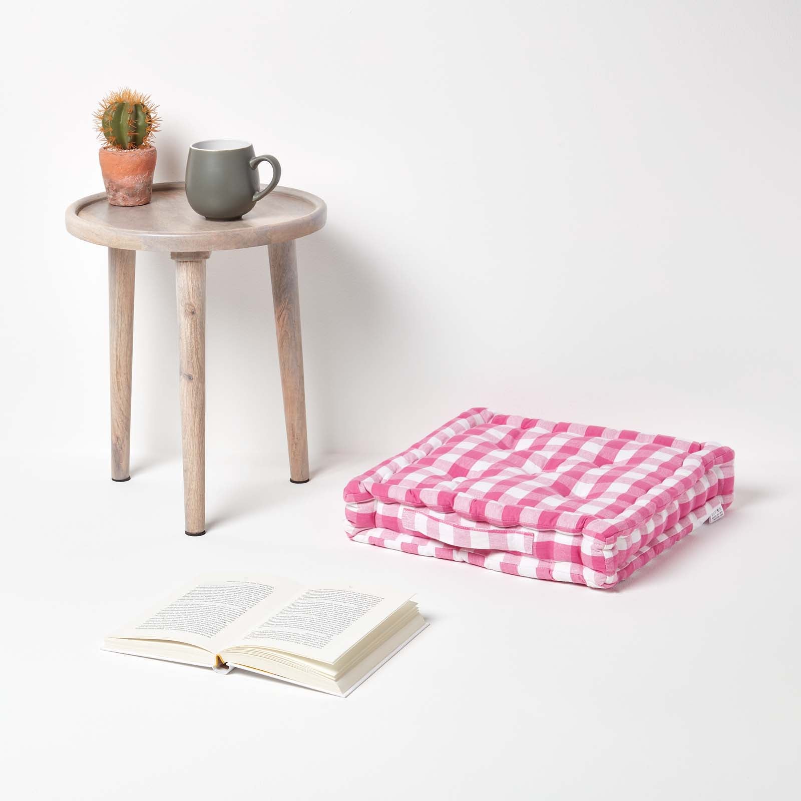 Block Check Cotton Gingham Floor Cushion | 40cm x 40cm | Pink