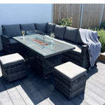 The Croft 8 Seat Corner Gas Firepit Rattan Dining Set | Dark Grey