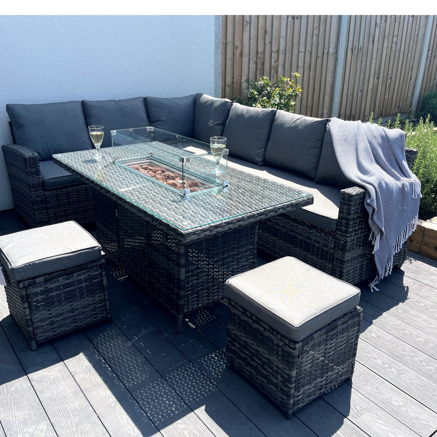 The Croft 8 Seat Corner Gas Firepit Rattan Dining Set | Dark Grey